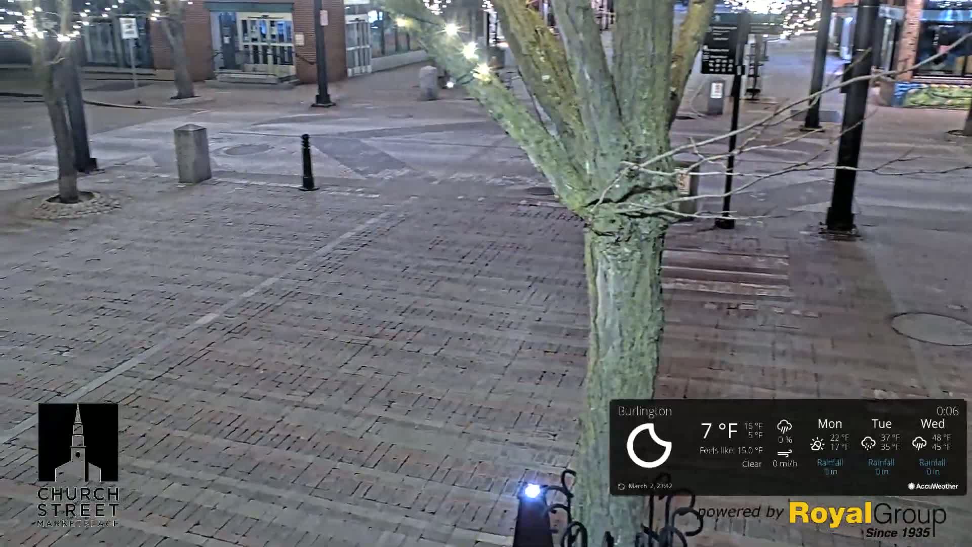 A nighttime view of a brick paved street, mostly empty except for a tree trunk in the foreground, under a clear sky at 7°F.