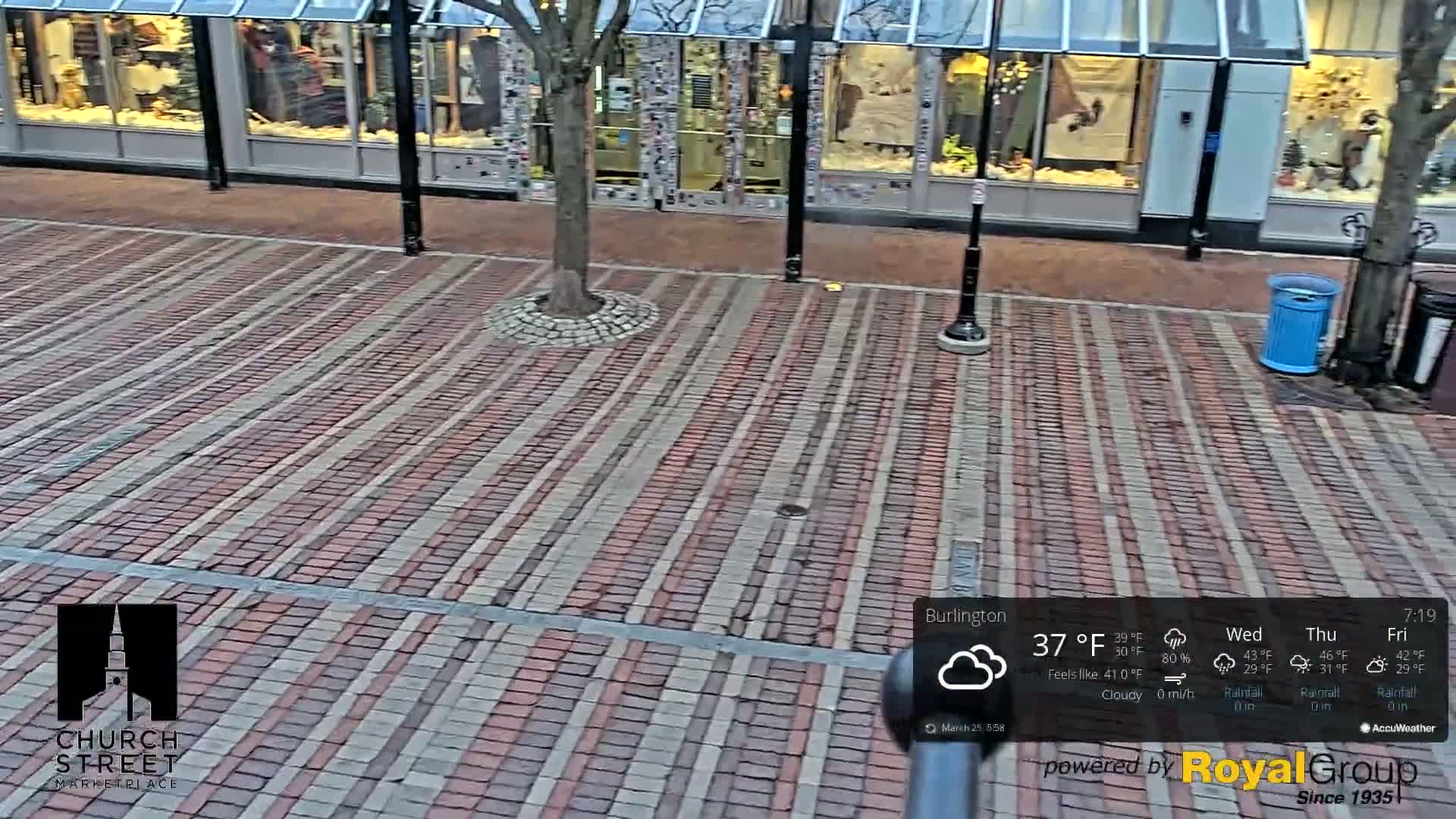 A brick-paved street in front of storefronts on a cloudy day.