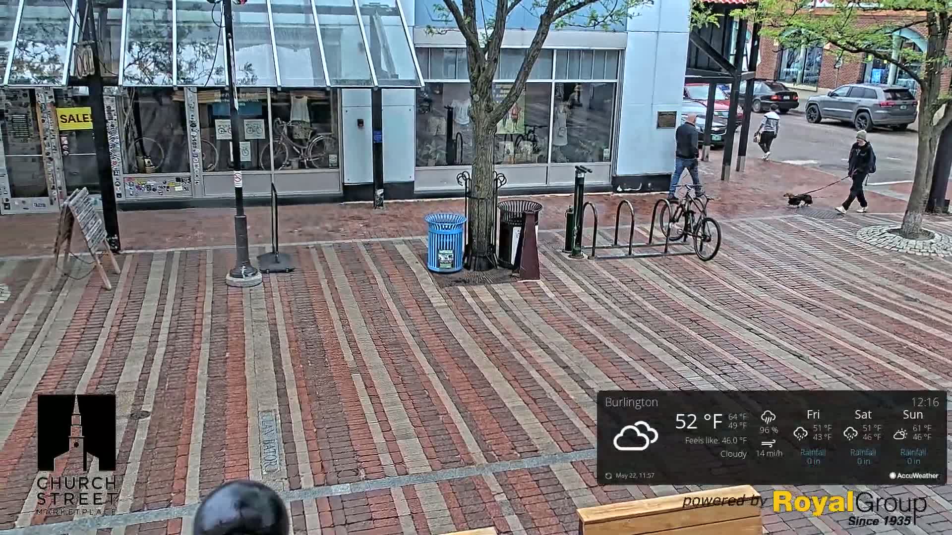 A brick paved city street scene on a cloudy day, showing pedestrians, bicycles, and a small dog, with shops and trees in the background.