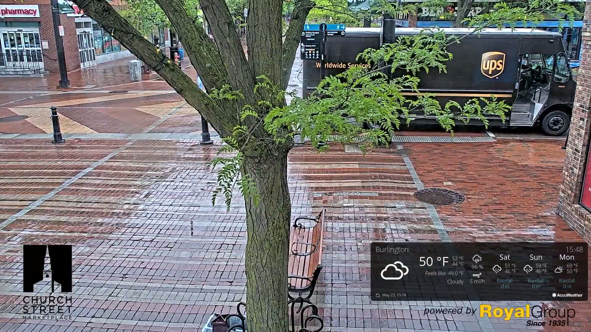 A wet brick plaza is seen with a UPS truck parked nearby, a tree in the foreground, and a wooden bench.