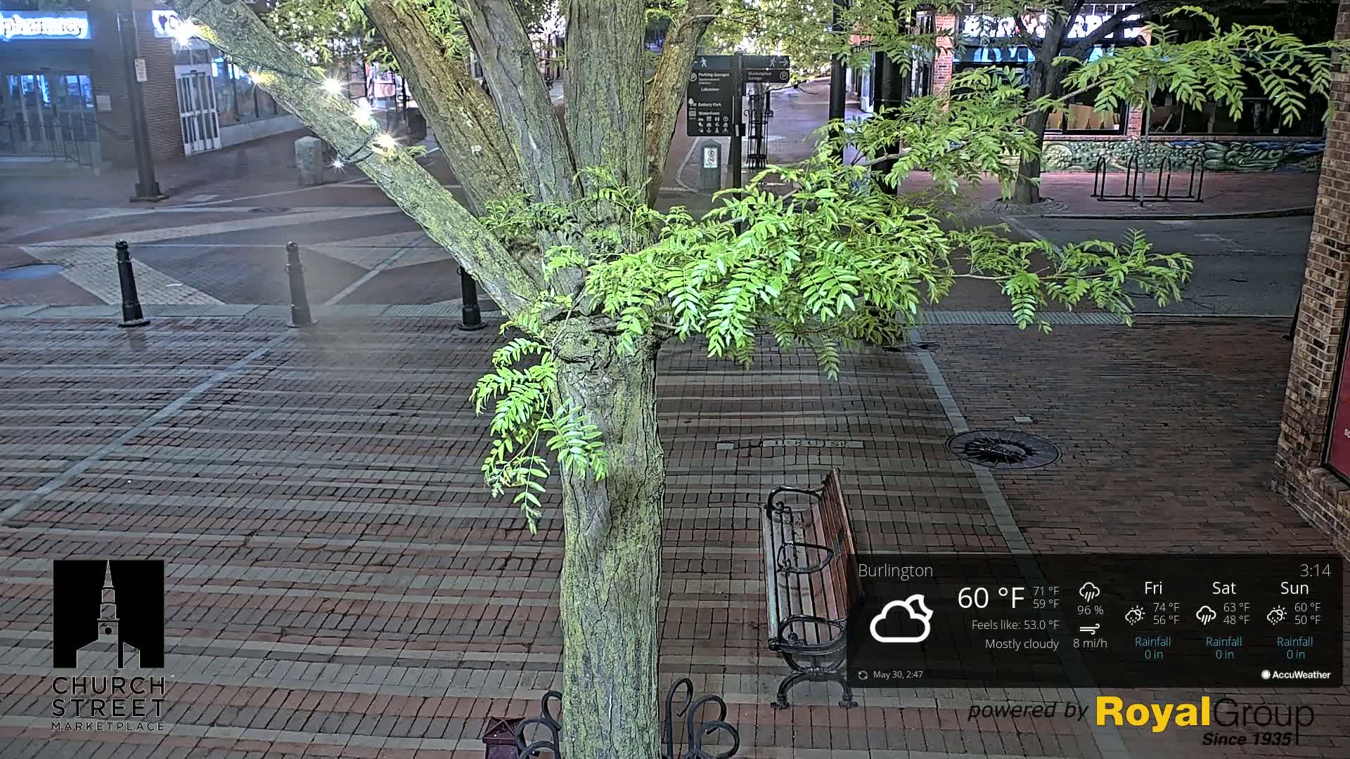 A mostly cloudy night scene shows a brick paved street with a tree, a park bench, and buildings in the background.