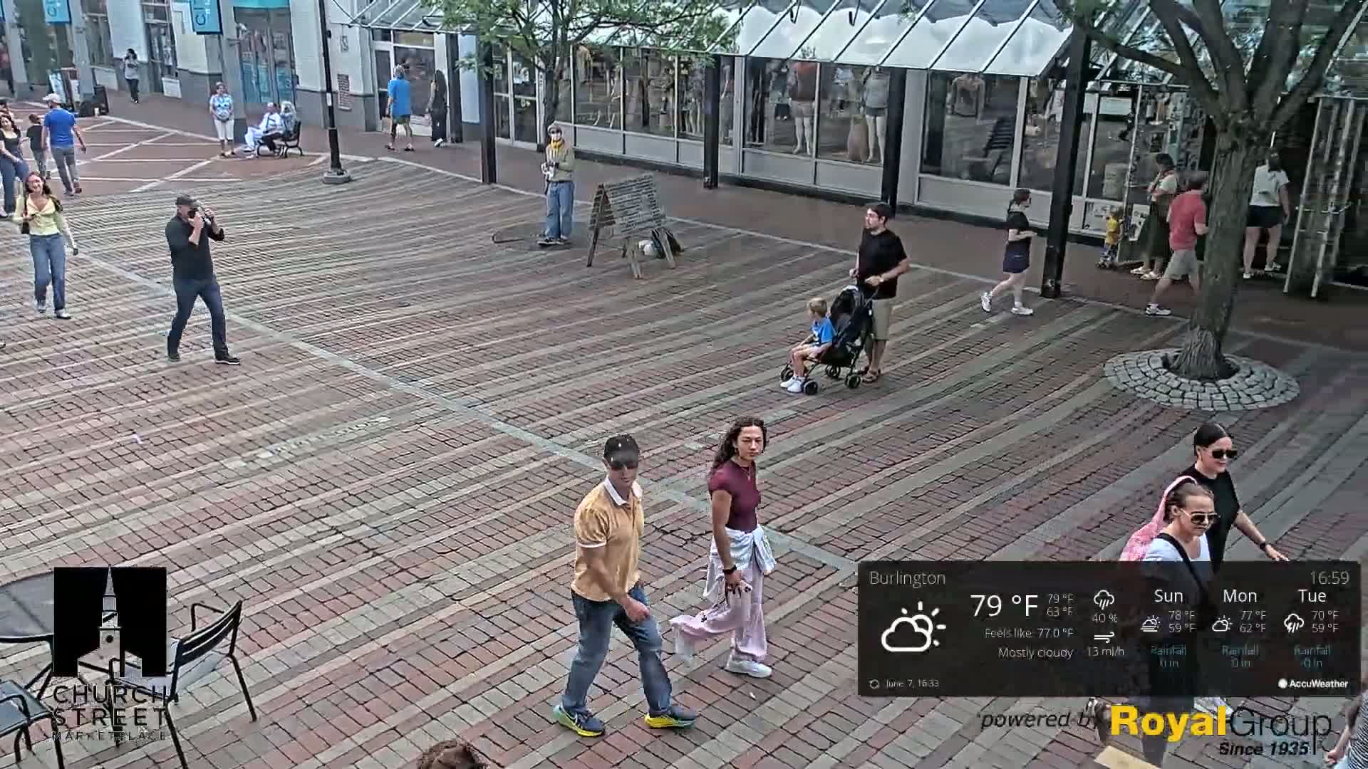 A brick-paved pedestrian area with several people walking, a stroller, and a tree, under mostly cloudy skies and a temperature of 79°F.