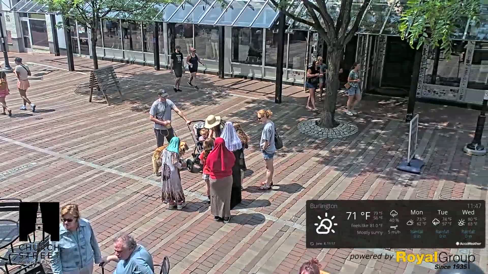 A mostly sunny brick plaza with several people walking and standing in groups, including one person walking a dog and another pushing a stroller.
