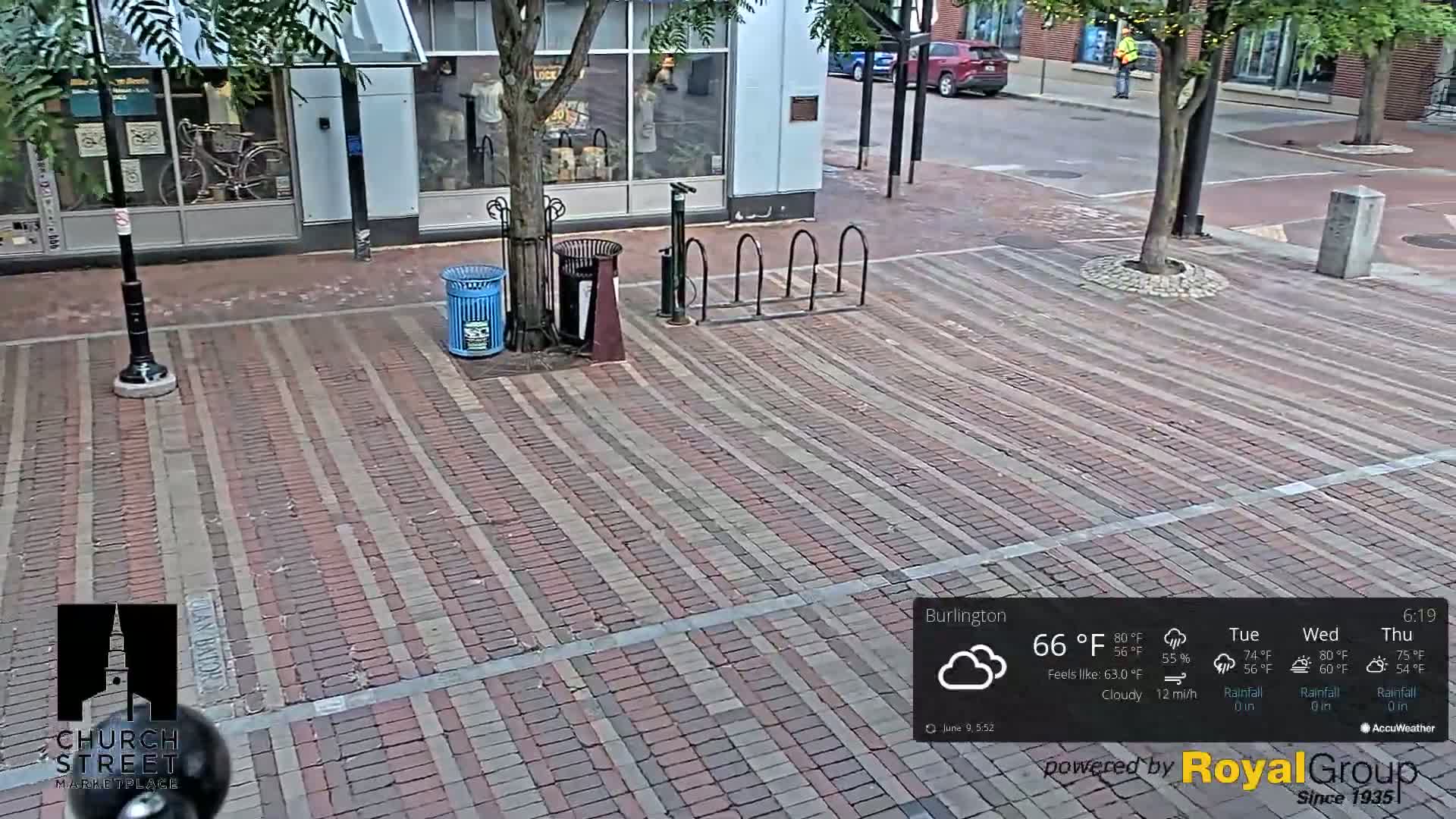 A brick-paved street scene on a cloudy day shows a bike rack, a trash can, and a tree, with some cars parked in the distance.