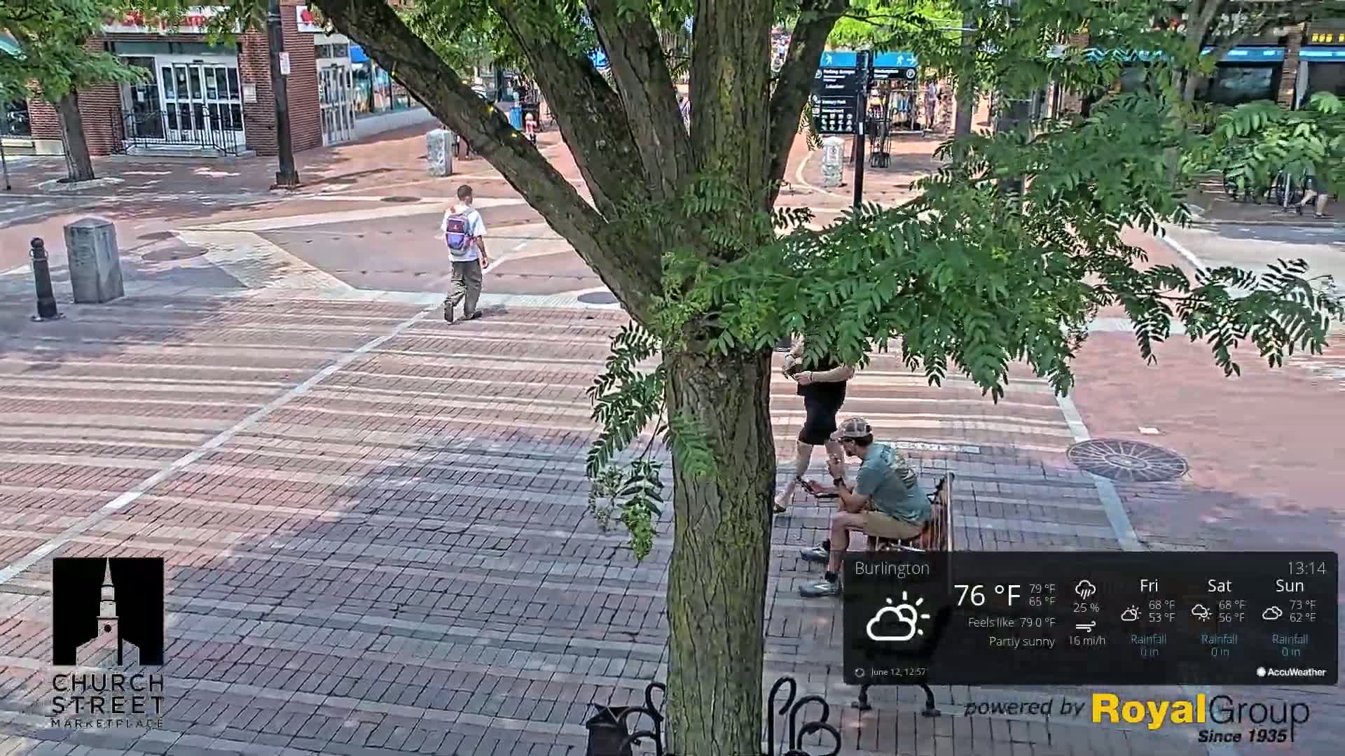 A partly sunny brick-paved street scene shows several people walking and sitting under a tree.