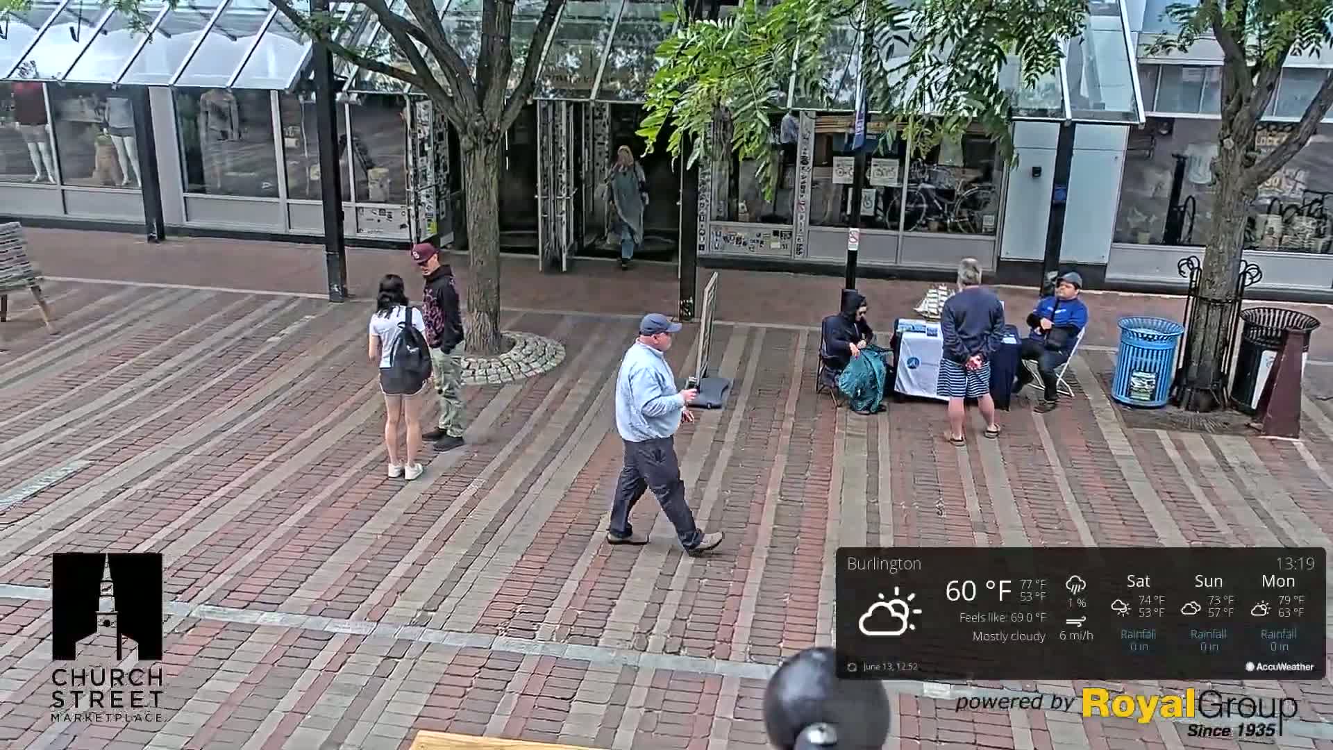 A mostly cloudy outdoor brick plaza with several people standing and sitting around a table, some near a storefront.