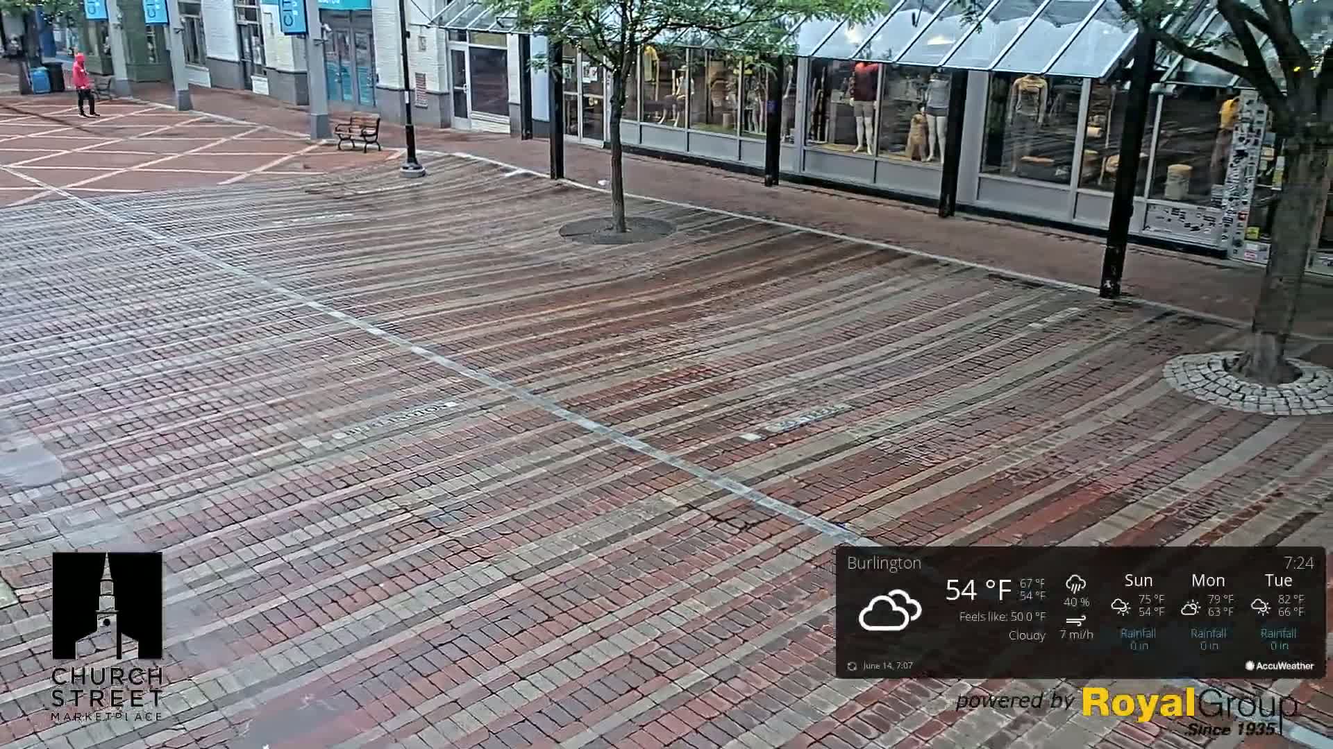 A brick-paved street, slightly wet, is shown under cloudy skies.