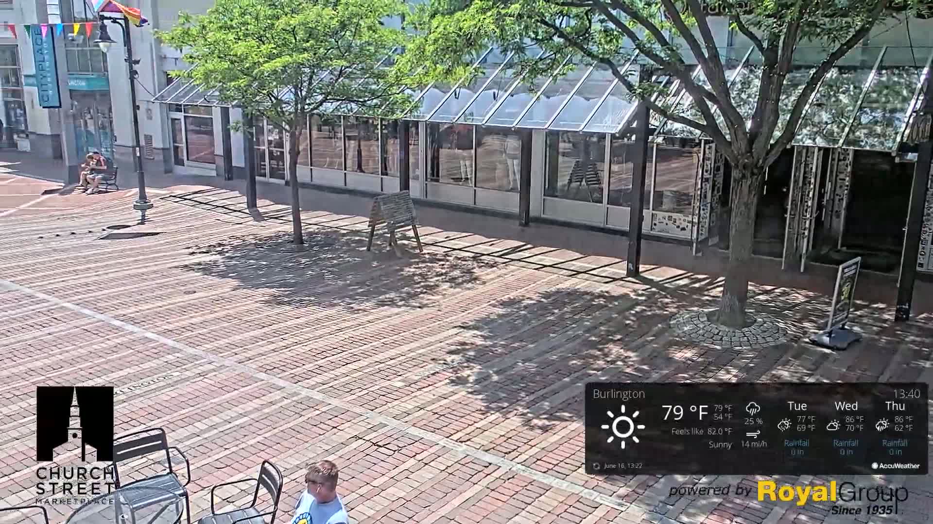 A sunny brick plaza with several people sitting at outdoor tables under a tree, near buildings with glass-covered awnings.