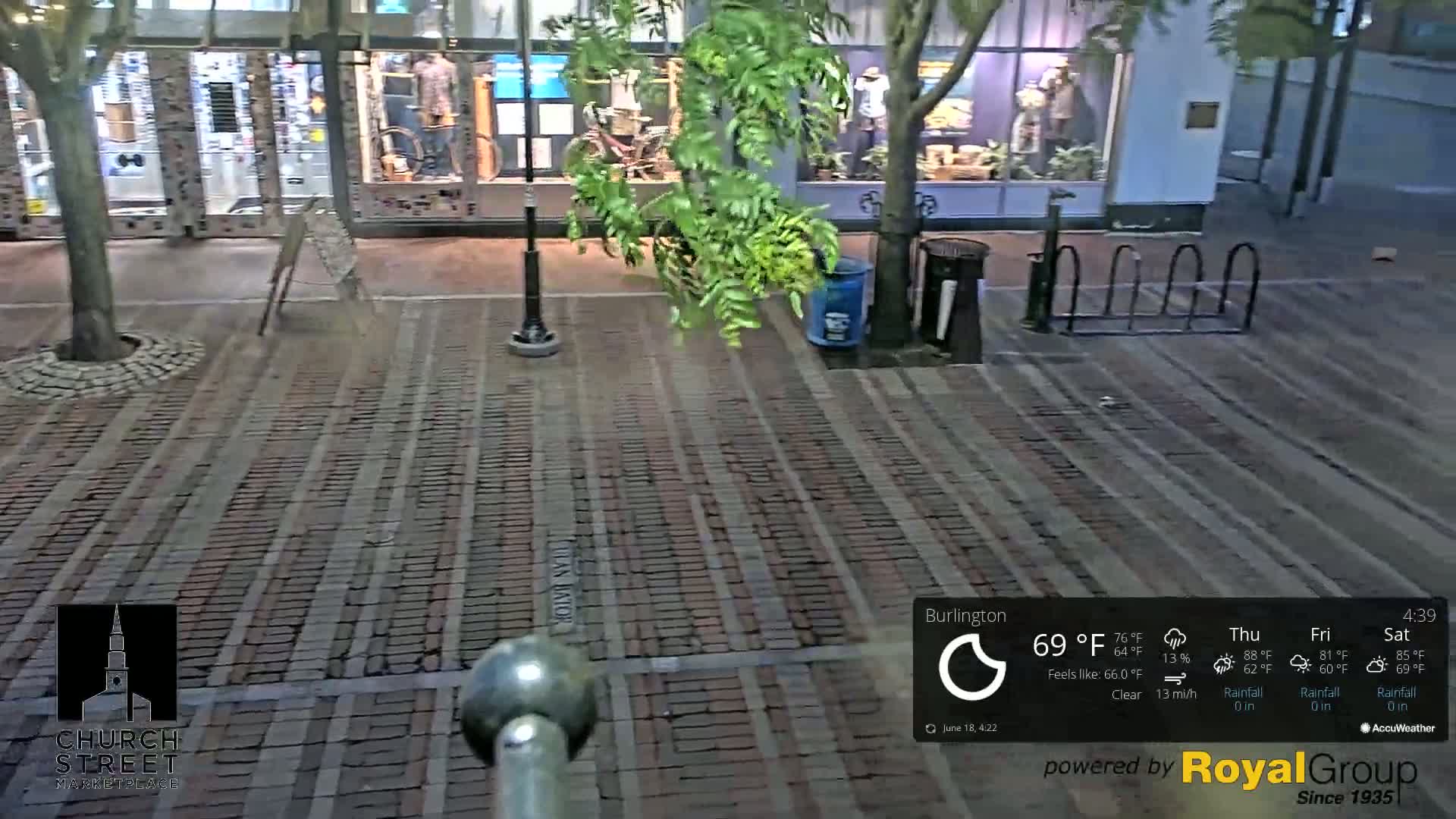 A brick-paved street at night, under clear skies, shows a storefront with mannequins in the window and a small tree in a planter.