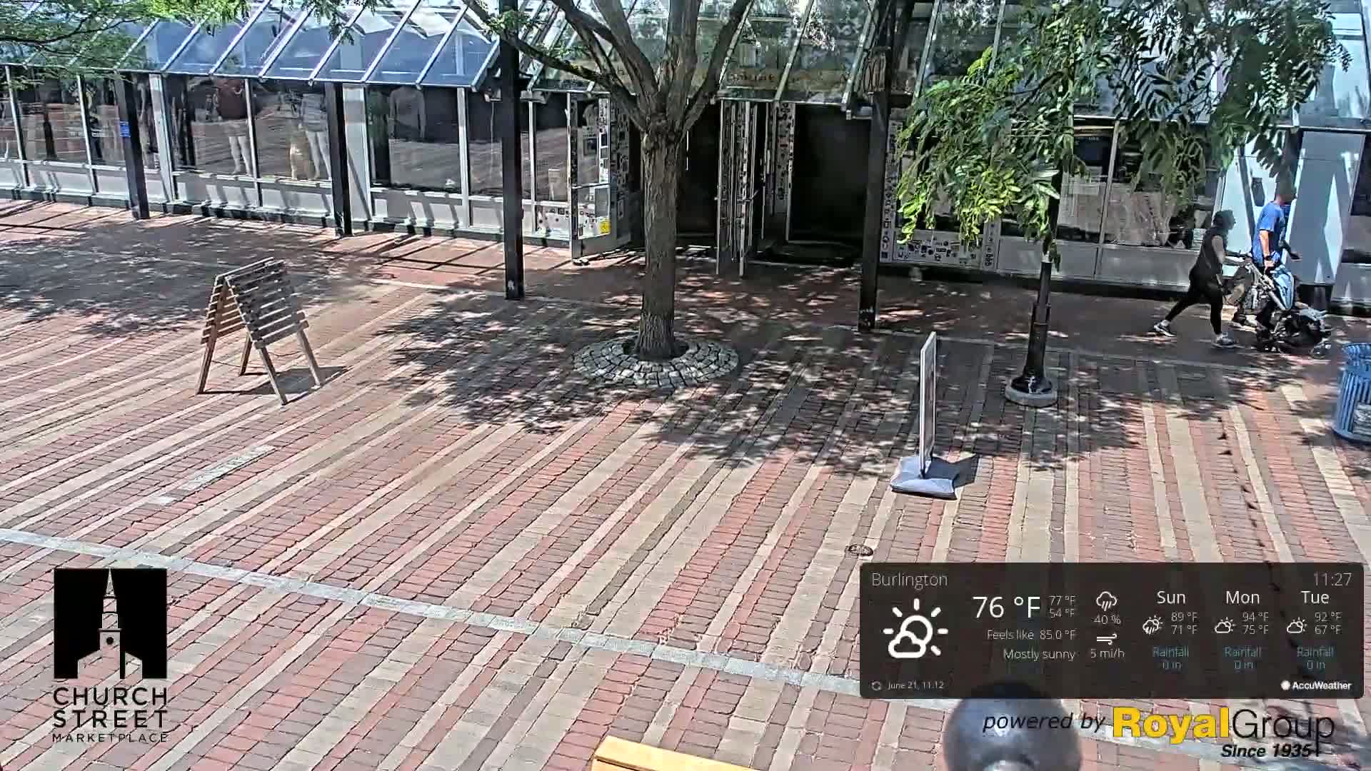 A brick plaza with a tree in the center, partially shaded by the tree's leaves, under mostly sunny conditions with a light breeze.
