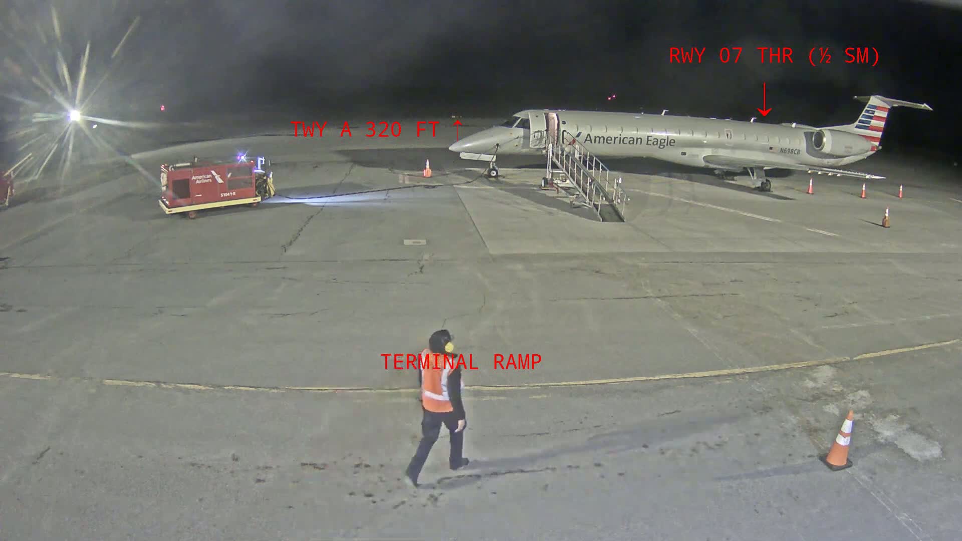 At night, an American Eagle plane is parked at a terminal ramp, with a person and ground support equipment nearby.
