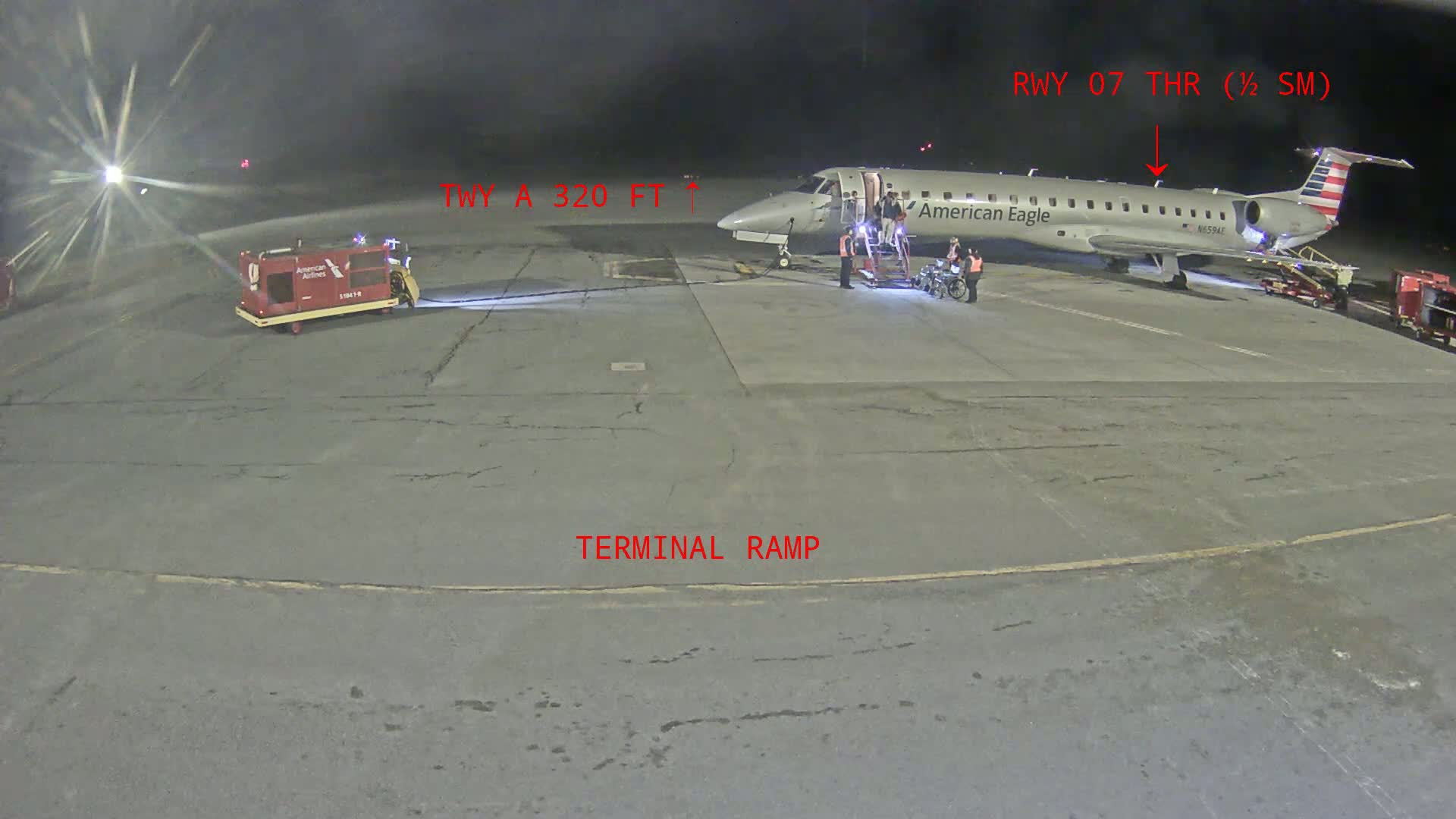 At night, an American Eagle regional jet is parked at a terminal gate, with ground crew and passengers visible; a baggage tug is nearby.