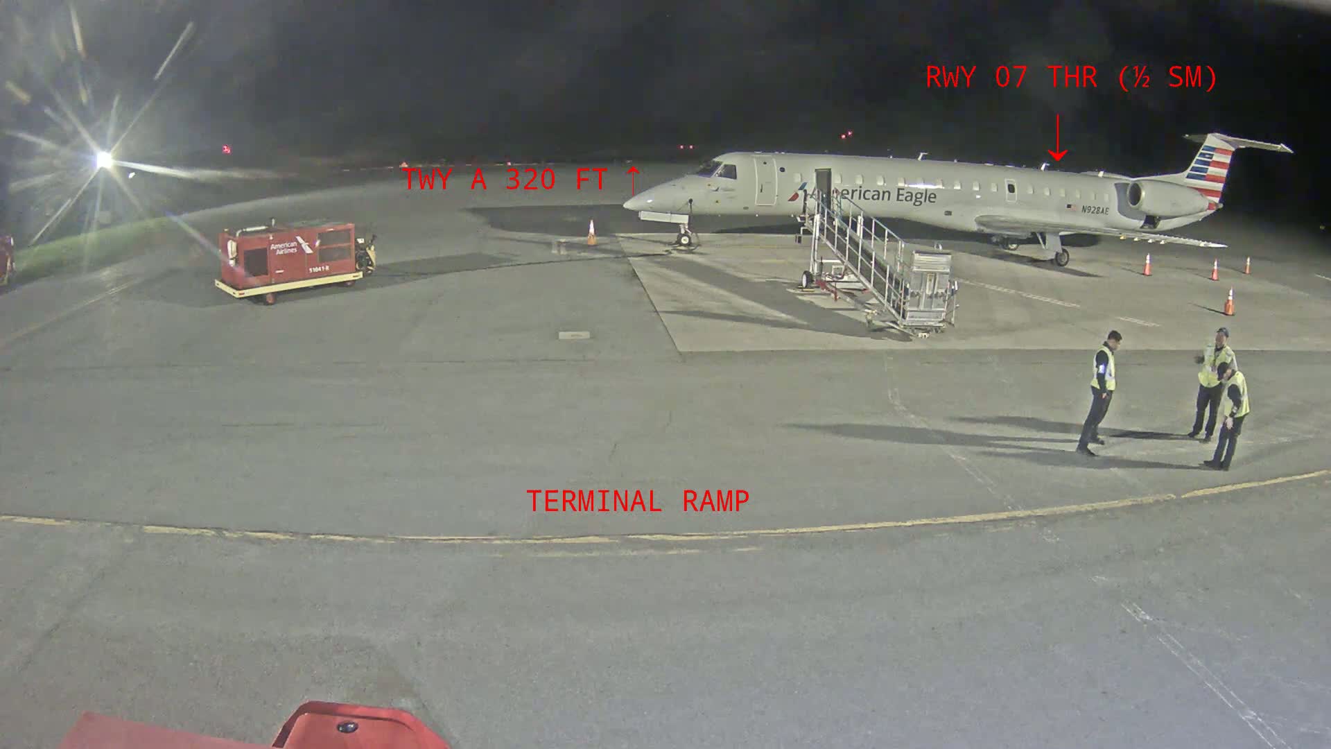 At night, on a tarmac, an American Eagle airplane is parked near a terminal ramp, with several people standing nearby.