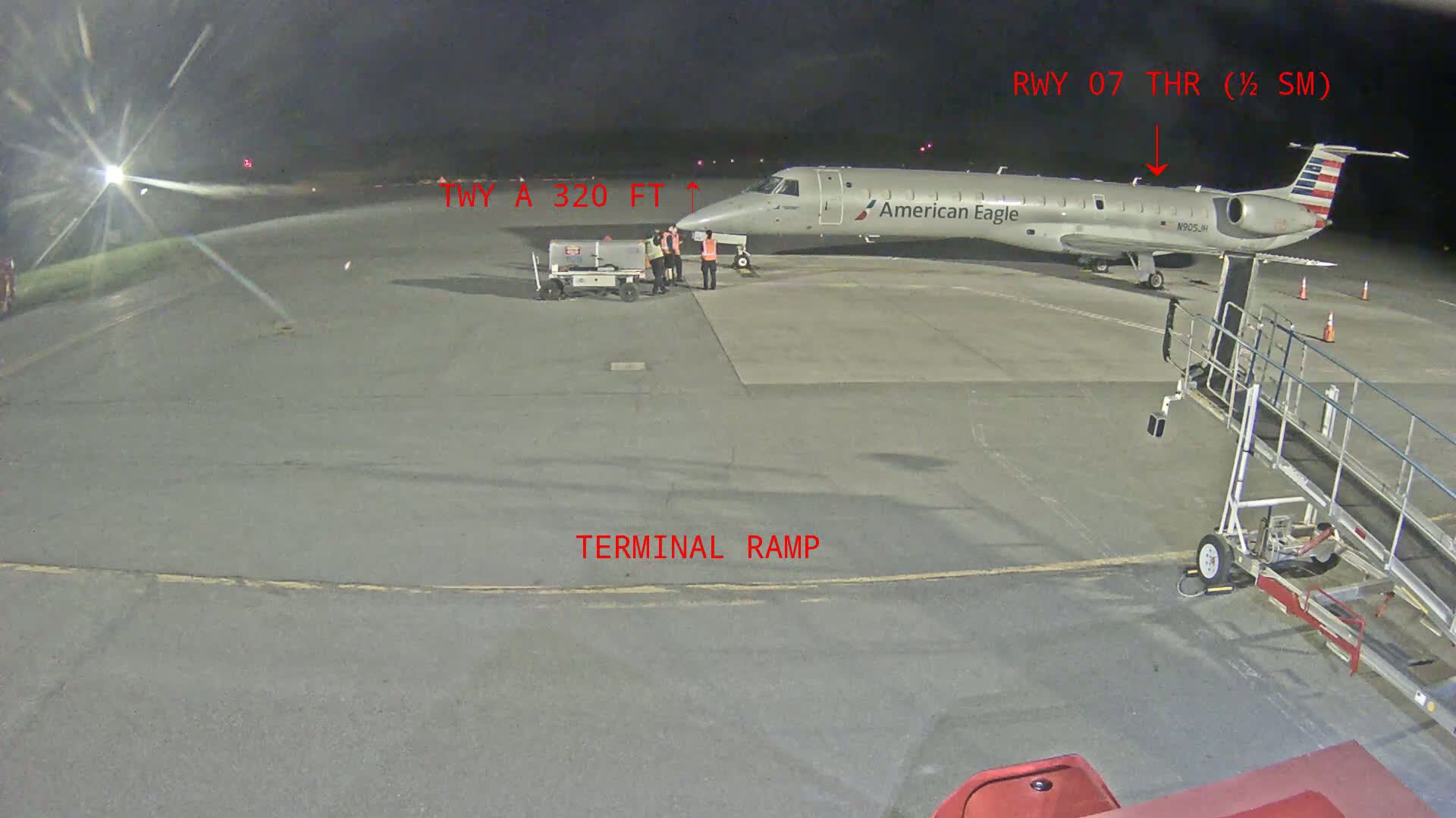 At night, an American Eagle airplane is parked at a terminal ramp on an airport tarmac with several people nearby.