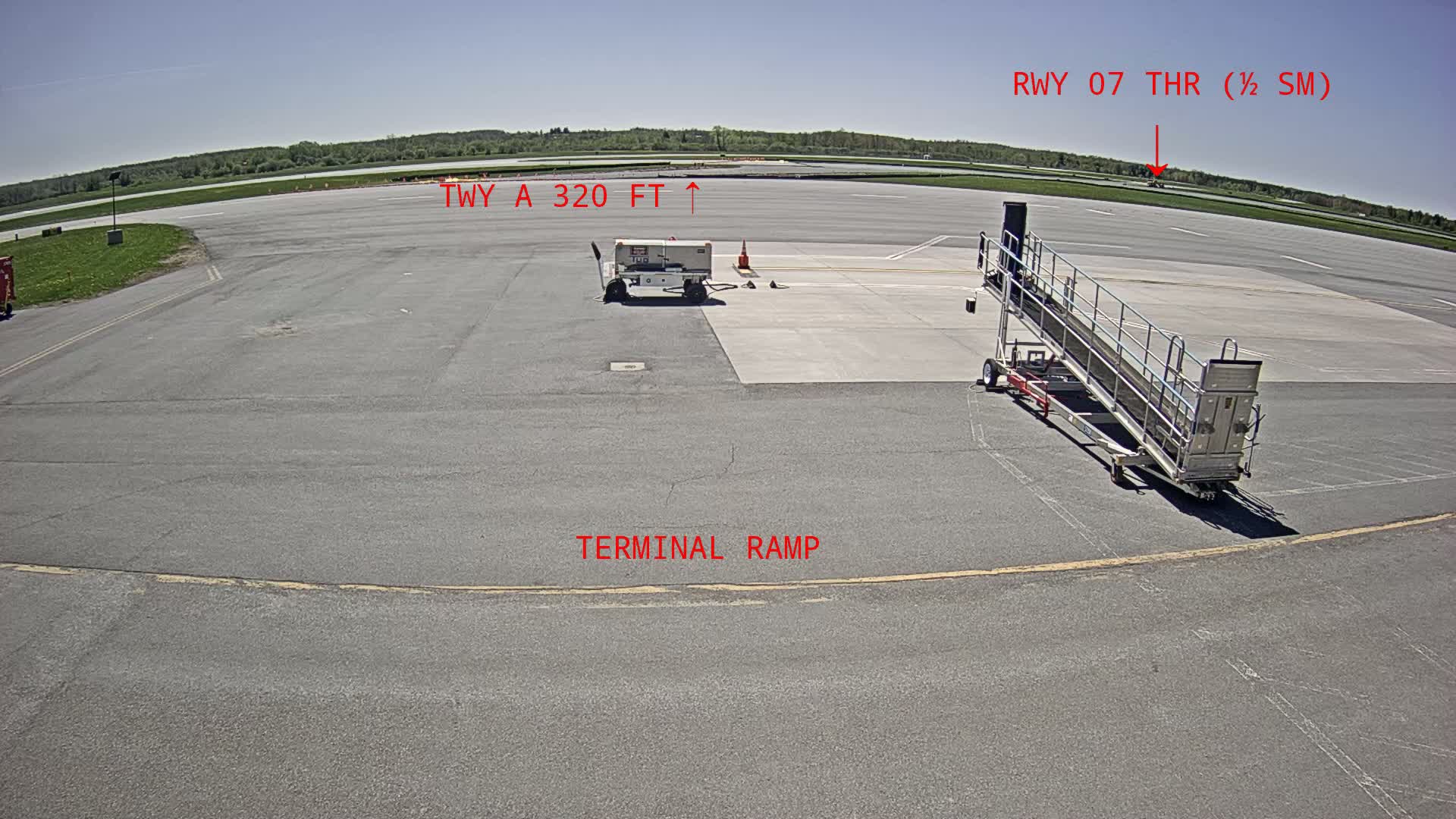 A sunny airport tarmac shows a baggage tug, a passenger boarding ramp, and a view of a runway beyond a grassy area.