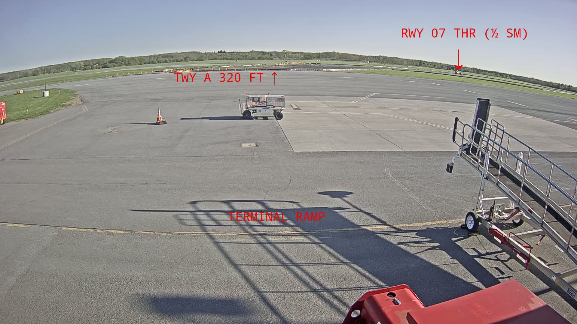A sunny airport tarmac shows a baggage cart and jet bridge with a runway and grassy area in the distance.