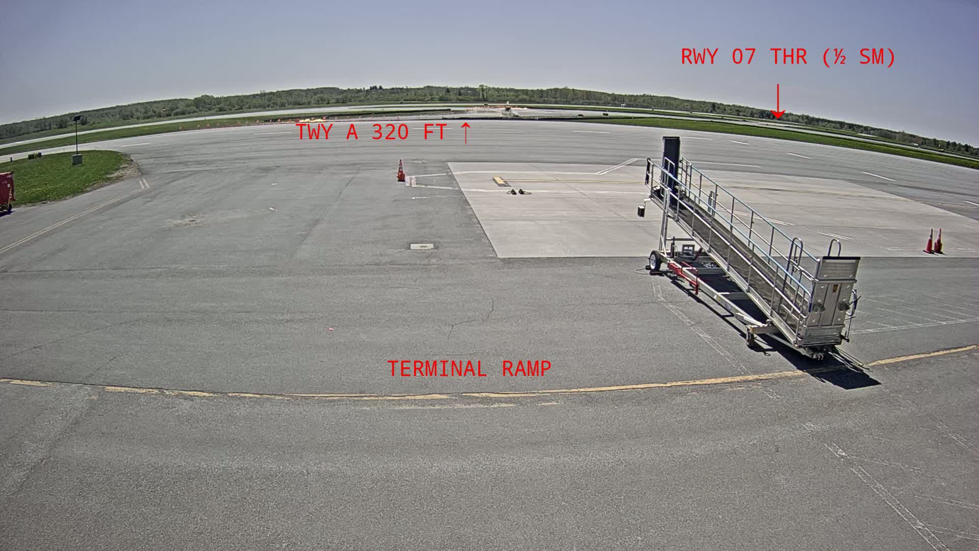 An airport tarmac on a sunny day shows a terminal ramp, a passenger boarding bridge, and a runway in the distance.