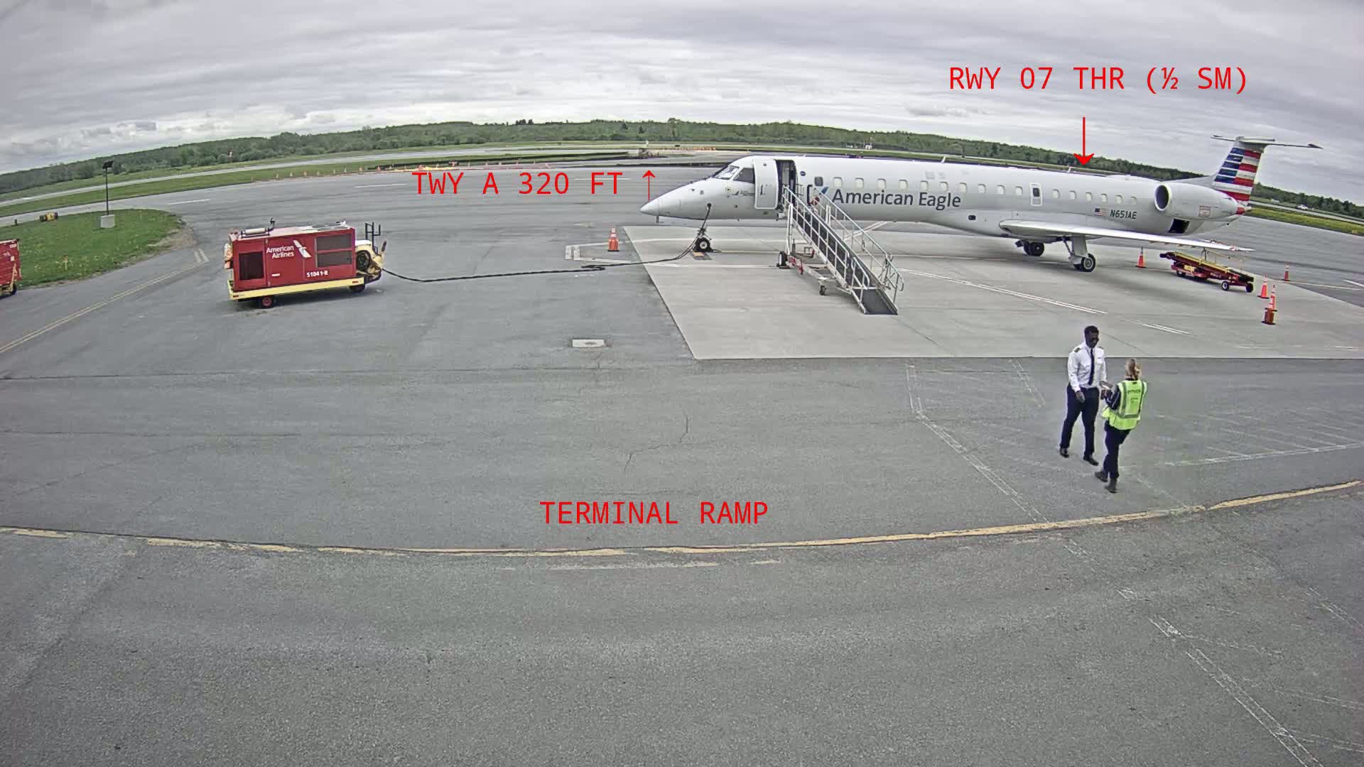 An American Eagle regional jet is parked at a terminal ramp on an overcast day, with two ground crew members standing nearby.