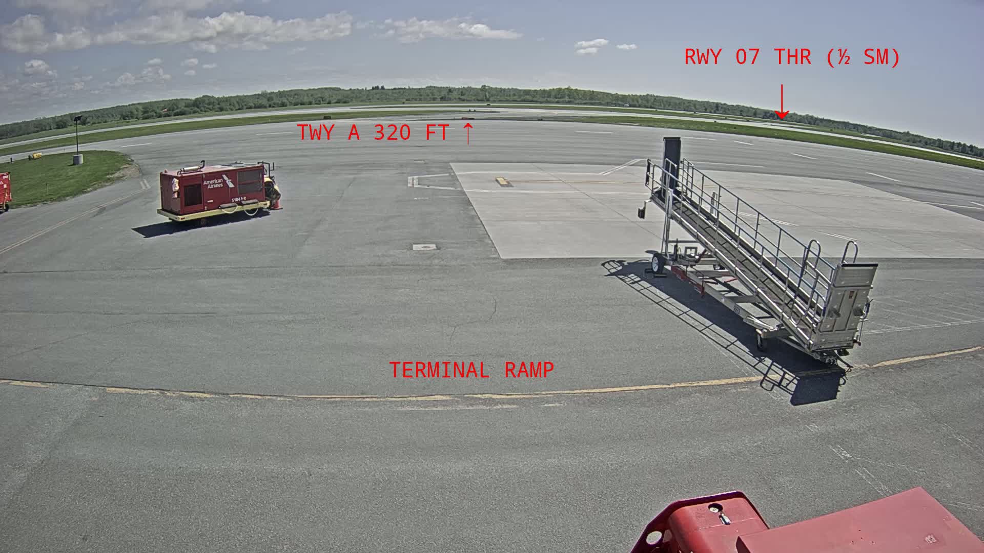 An airport tarmac on a sunny day shows a jet bridge, a ground power unit, and a runway in the distance.