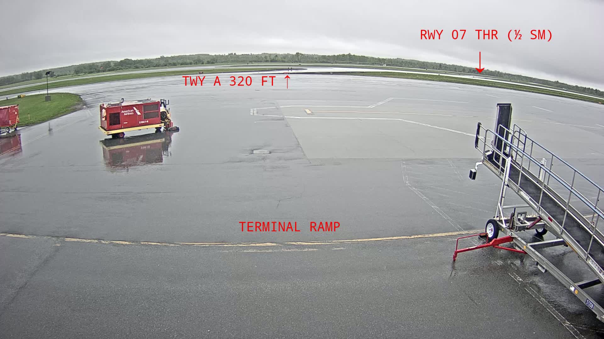 A wet airport tarmac is shown with a baggage tug, a jet bridge, and other ground support equipment in the rain.