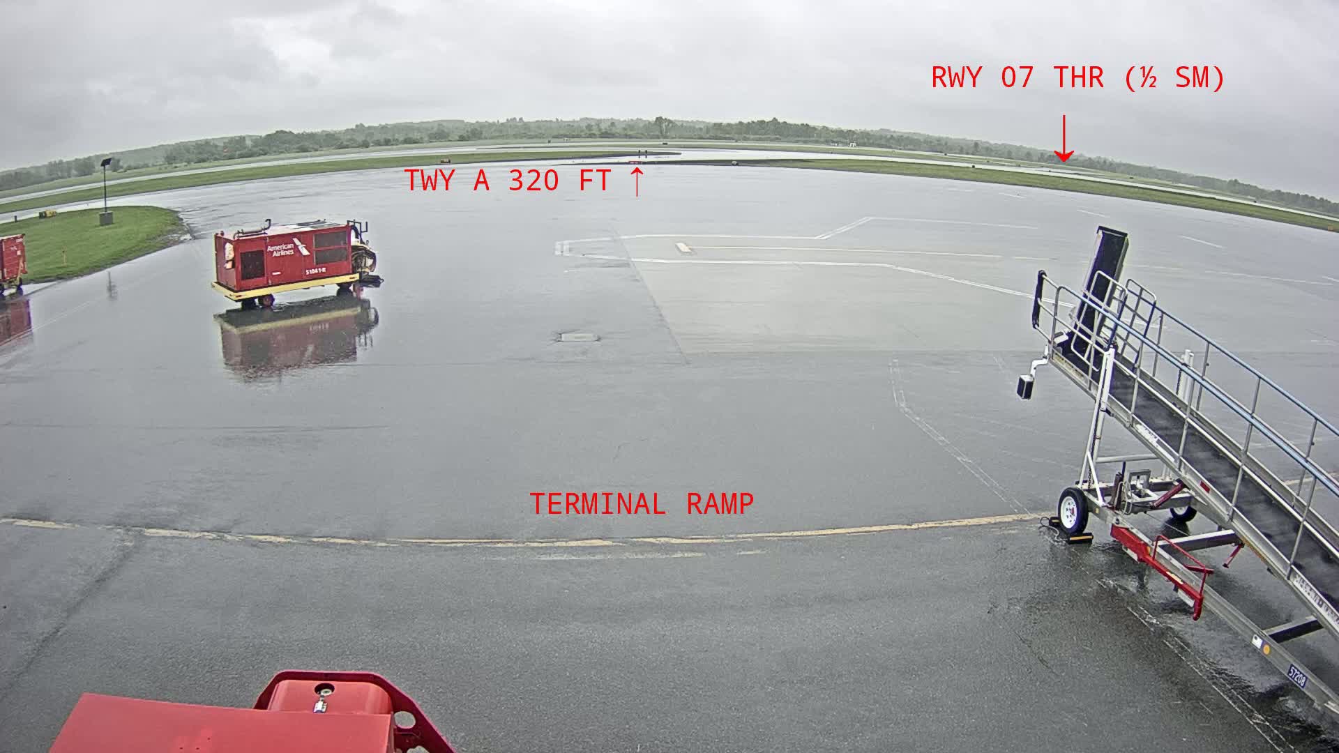 A wet airport tarmac is shown, with an aircraft jet bridge and ground support equipment visible in the rain.