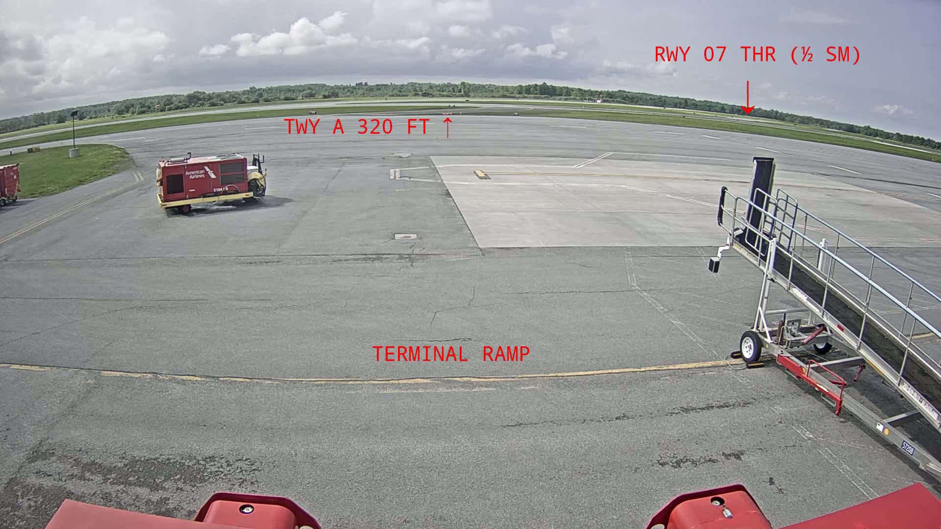 A mostly sunny airport tarmac shows a jet bridge, ground support equipment, and a runway in the distance.