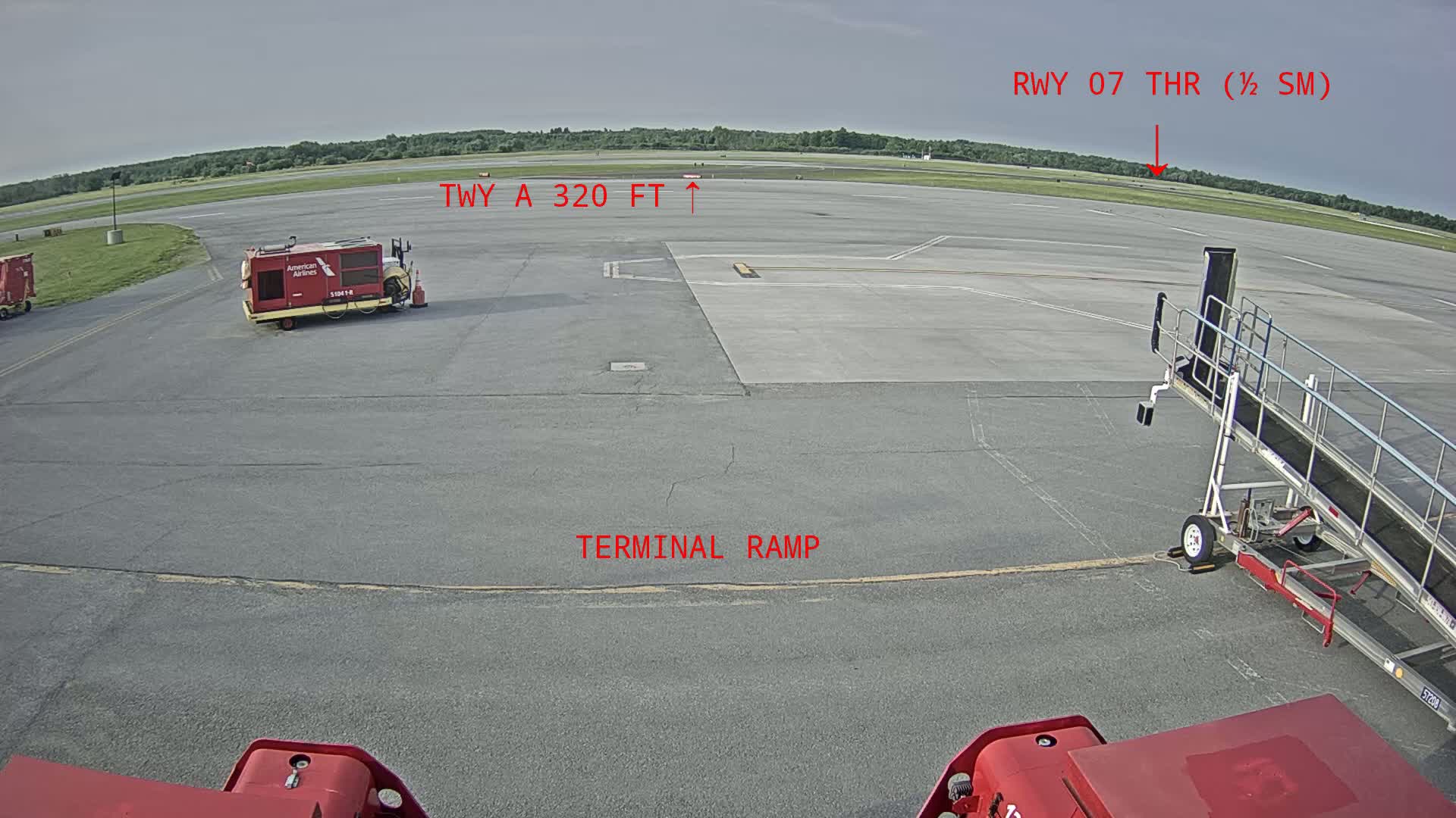 A tarmac view shows airport ground support equipment, a jetway, and a runway under a mostly clear sky.