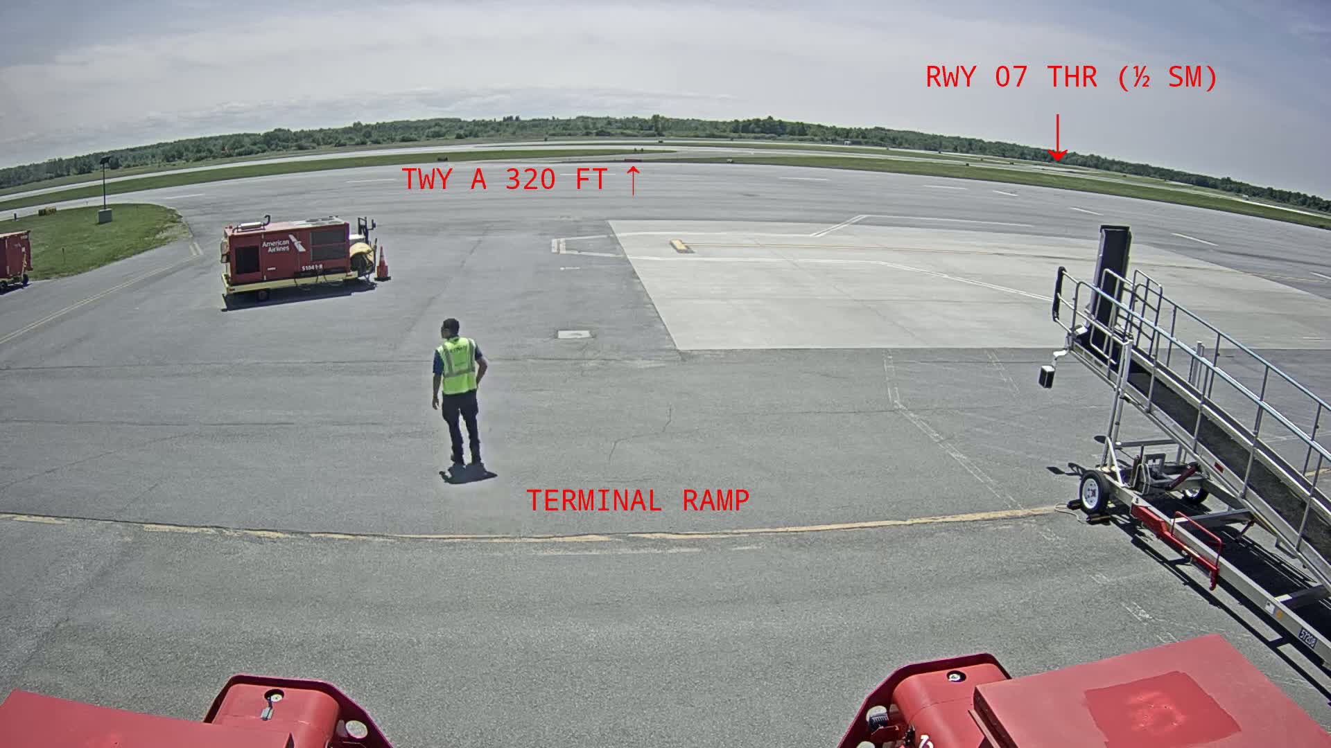 A person in a safety vest stands on an airport tarmac under a sunny sky near a jet bridge and airport service vehicles.