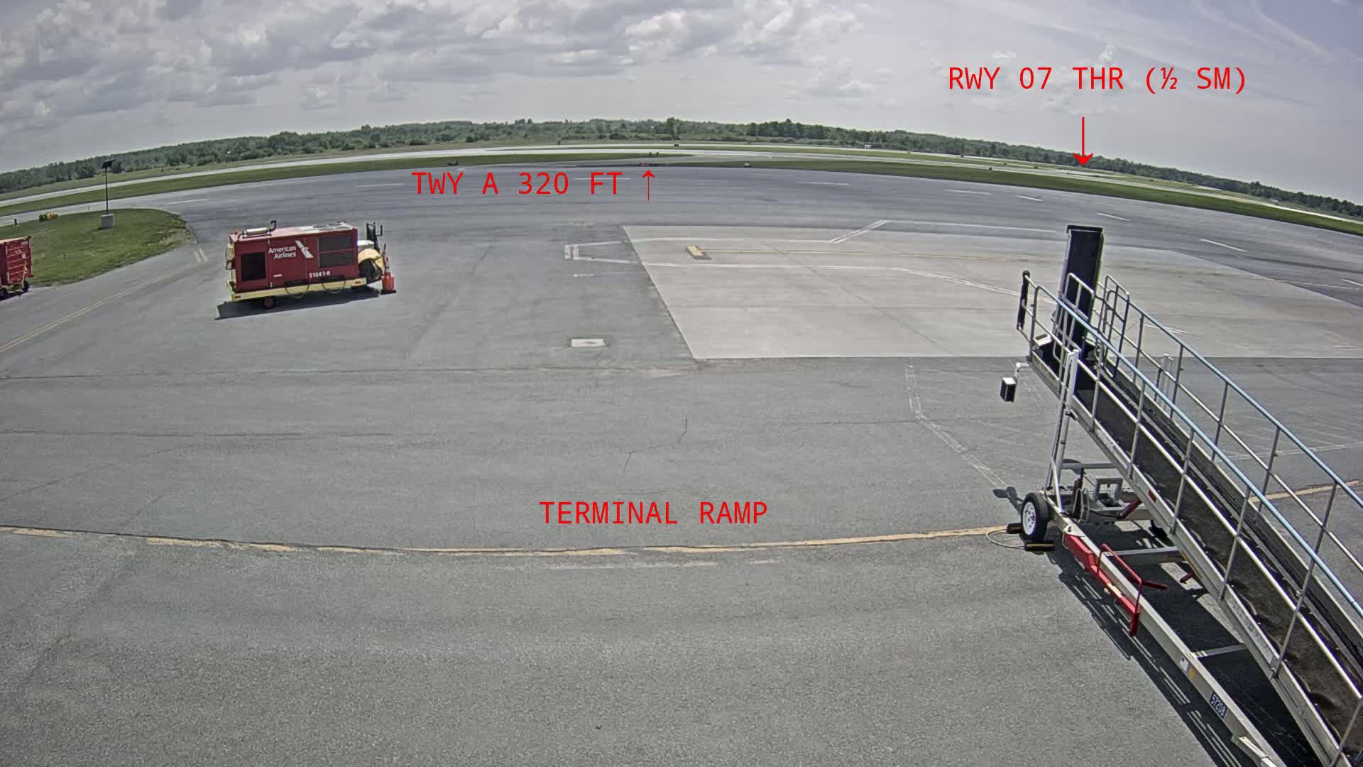 An airport tarmac on a partly cloudy day shows a jet bridge, baggage cart, and a runway in the distance.