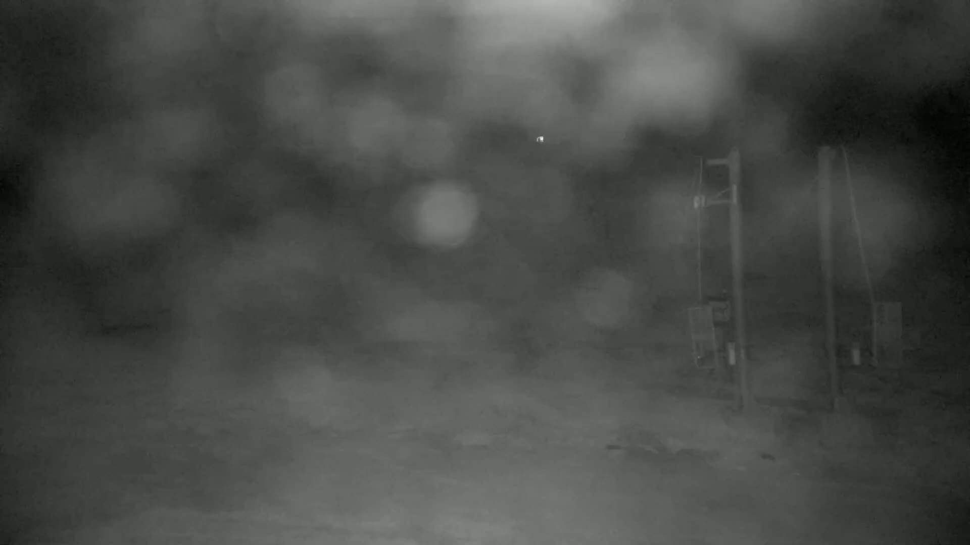 A blurry nighttime image shows two dark utility poles with indistinct boxes attached, under heavy snow or rain.