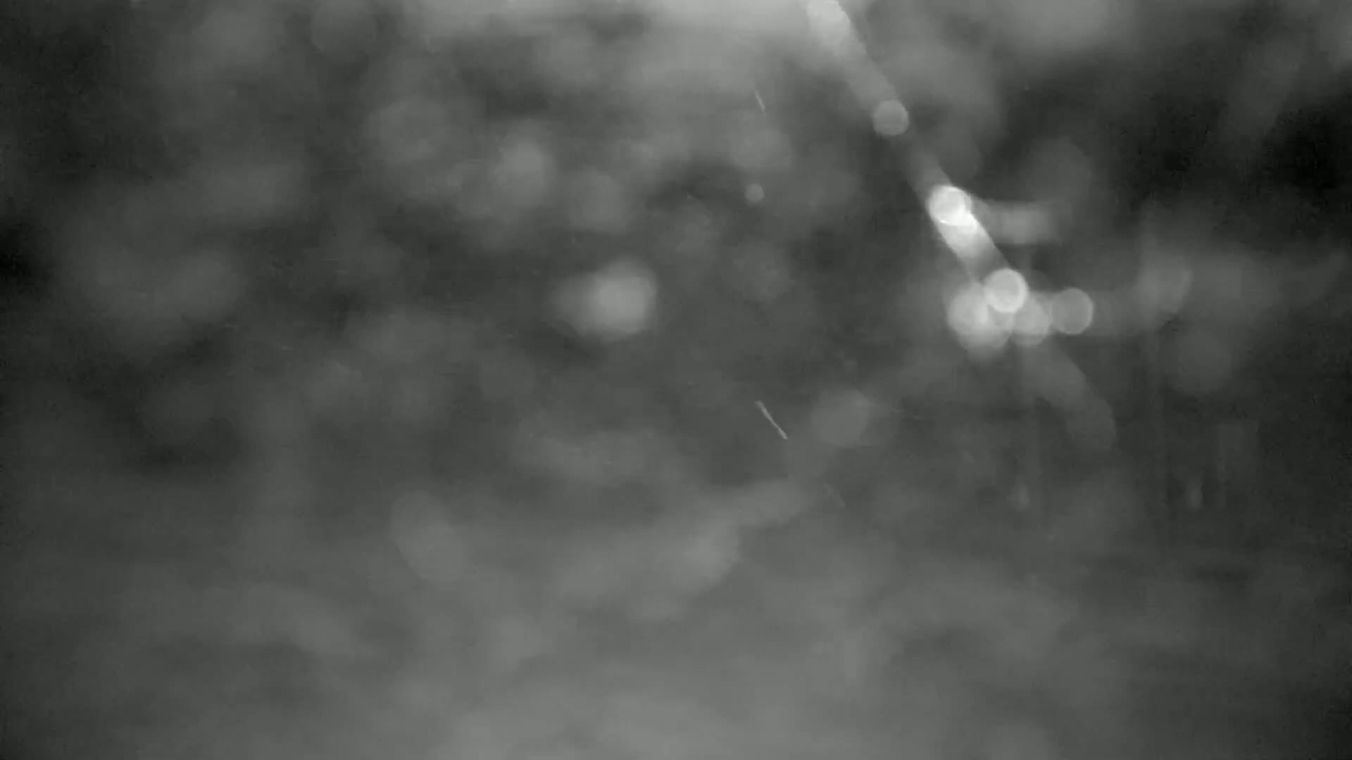 A blurry, out-of-focus grayscale image shows a snowy or hazy outdoor scene with indistinct shapes and bright spots of light.