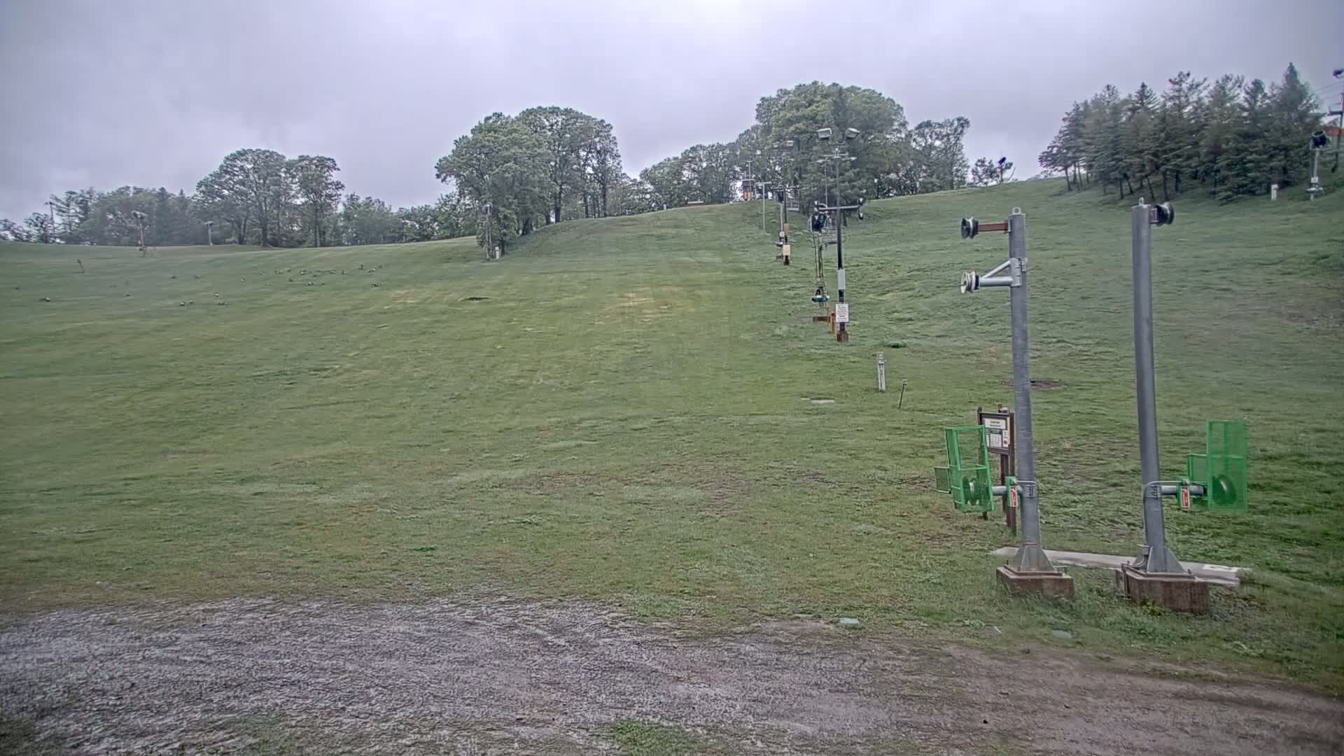 A grassy hill with a ski lift and several trees in the background under an overcast sky.