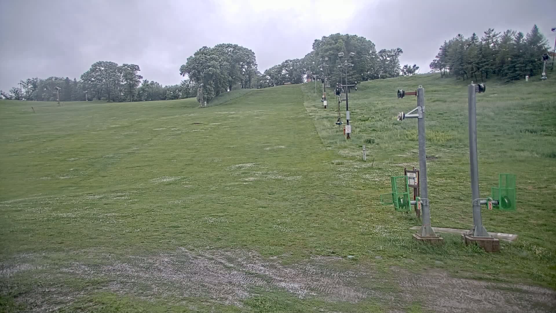 A grassy ski slope with inactive chairlift infrastructure is visible under an overcast sky.