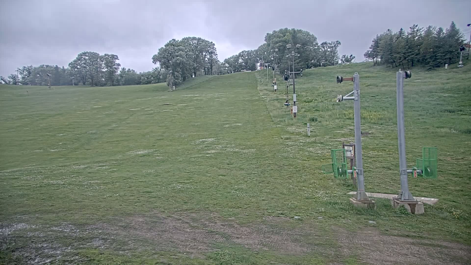 A grassy ski slope with a chairlift and several trees under an overcast sky.