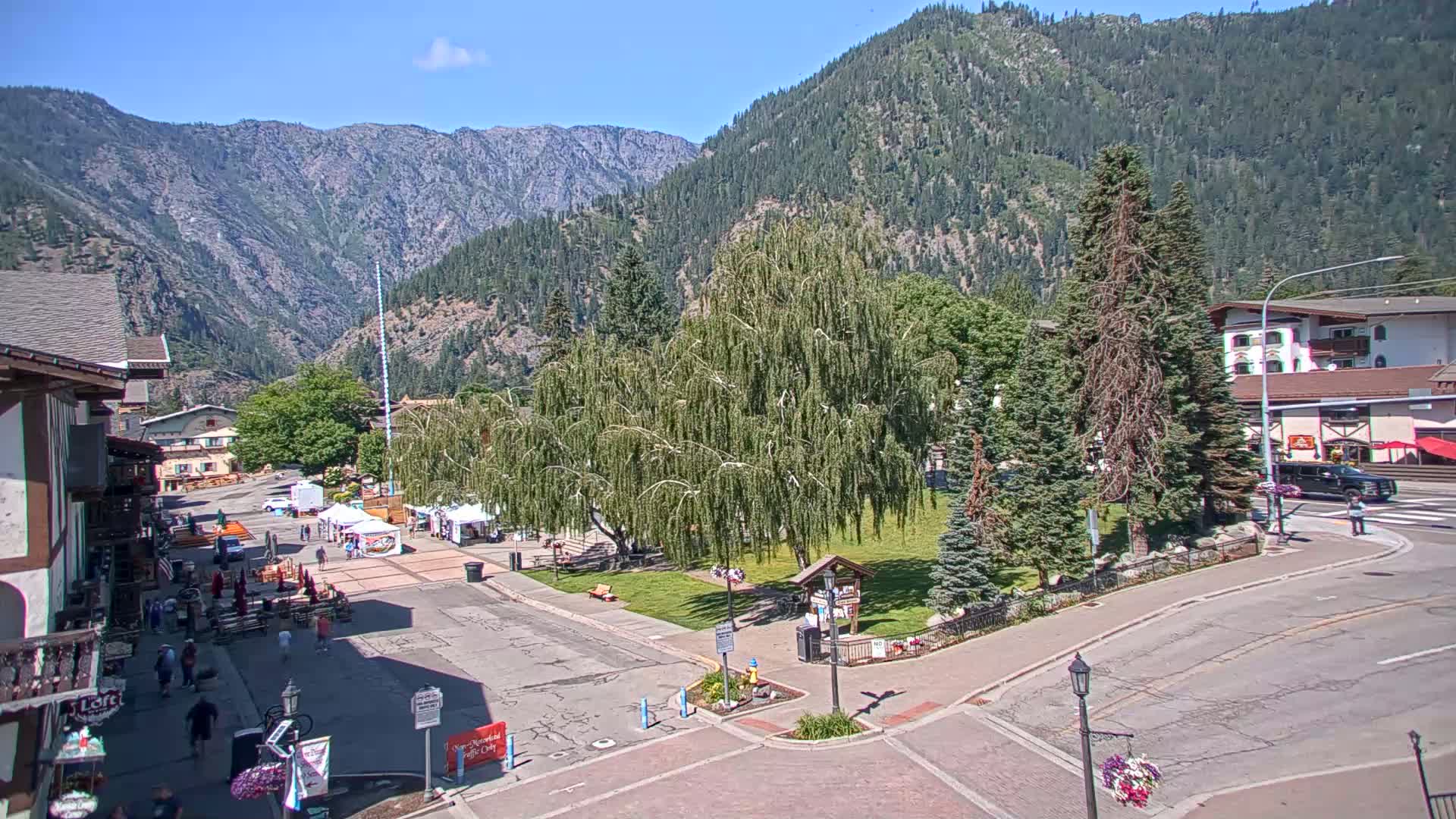 A mountain town square with a large weeping willow tree in the center, surrounded by buildings and people, under a sunny sky.