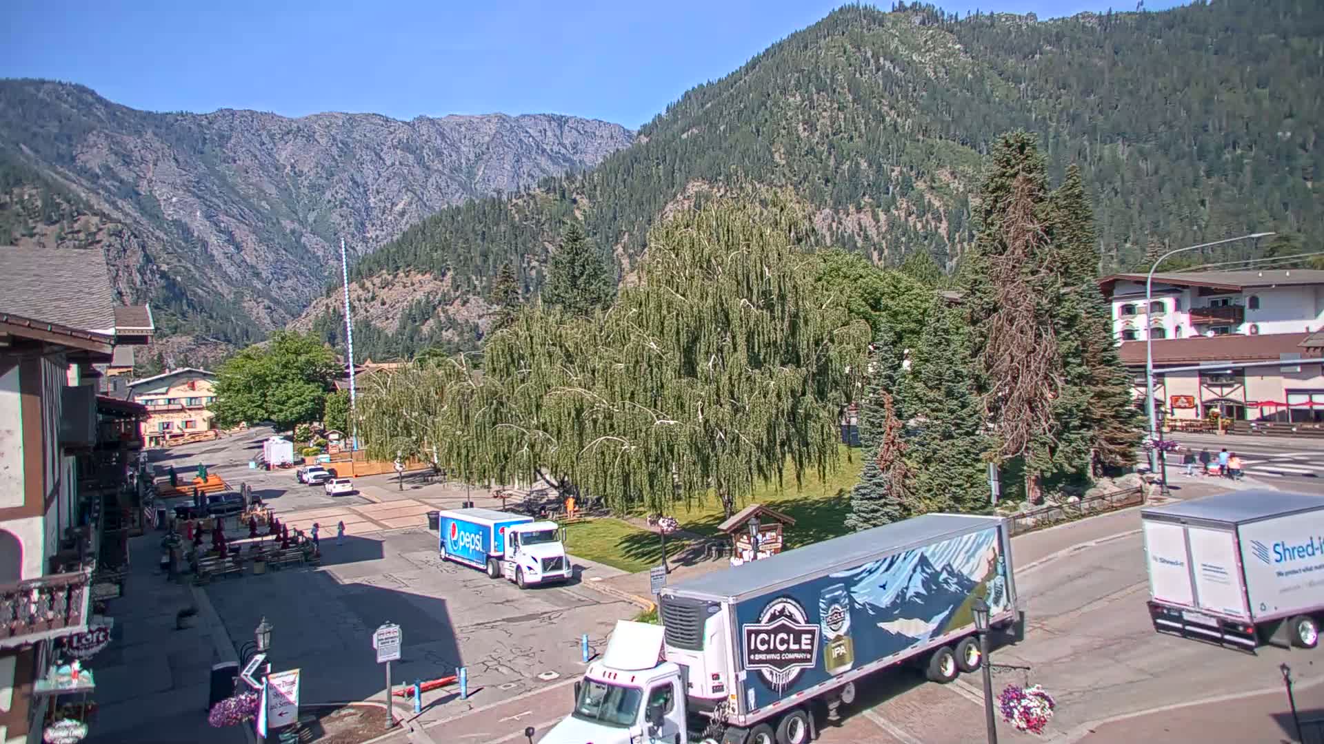 A mountain town square with several delivery trucks and a large weeping willow tree is visible on a sunny day, with mountains in the background.