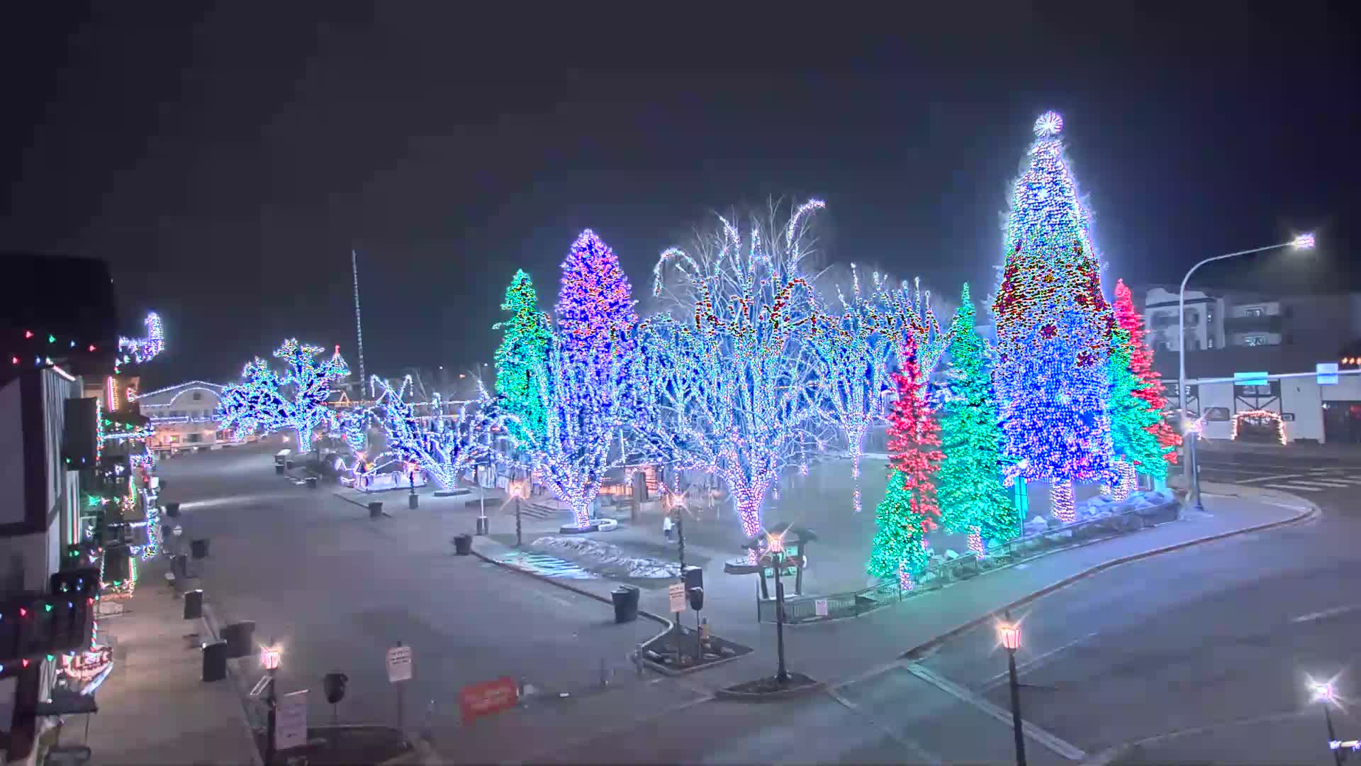 A vibrant town square is illuminated at night by countless bare trees wrapped in festive multi-colored lights, dominated by a large Christmas tree, under a dark, overcast sky with patches of snow on the ground.