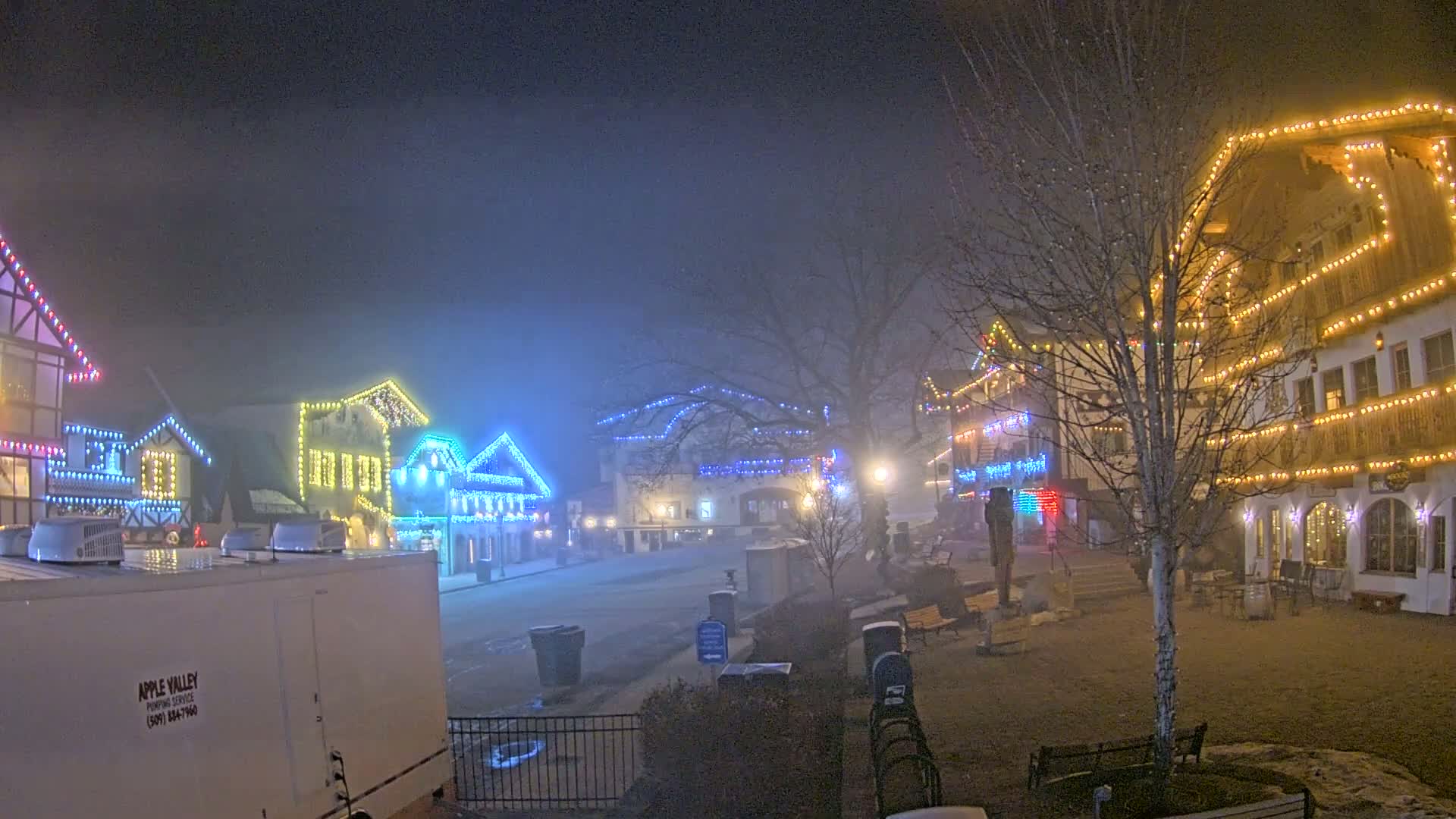 A foggy night scene shows a street of festively-lit buildings, with bare trees and park benches in the foreground.