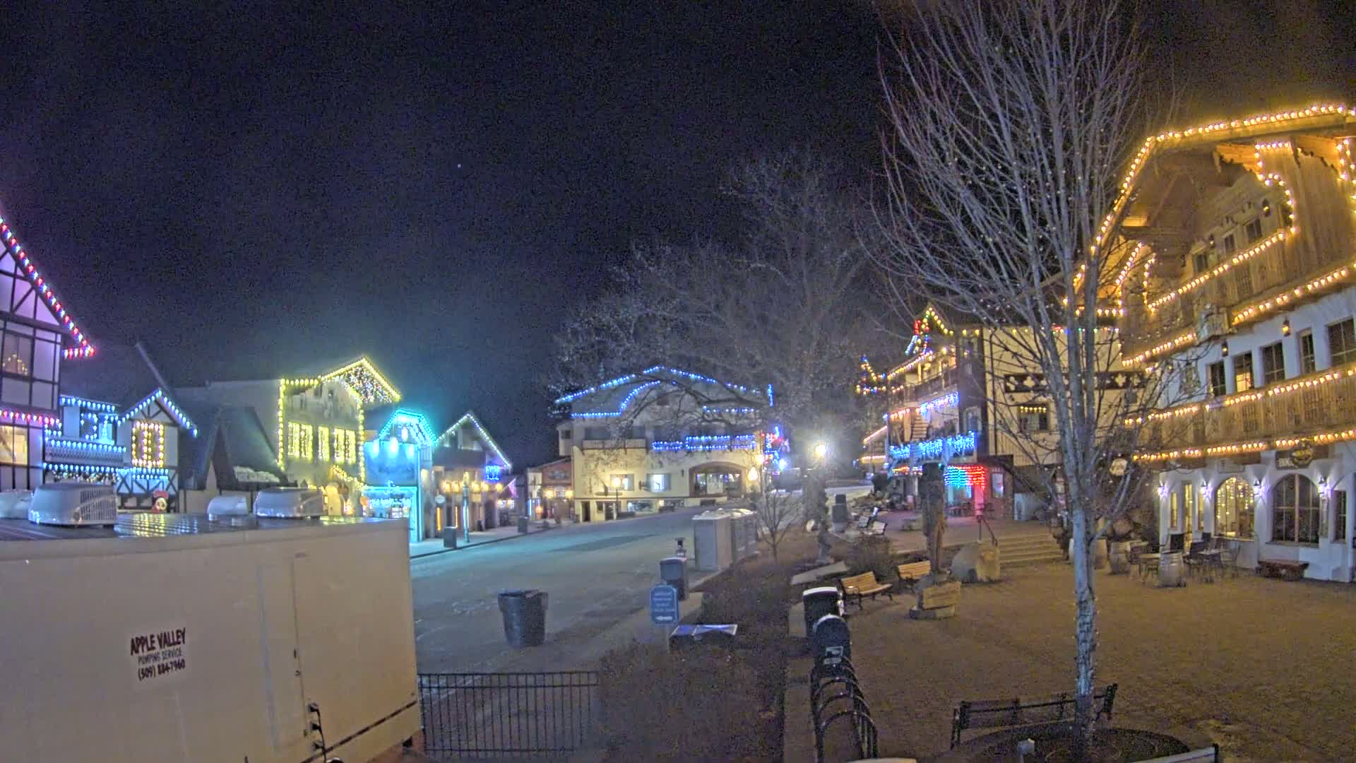 A nighttime view of a town square decorated with colorful string lights on buildings and trees, under a clear, dark sky.