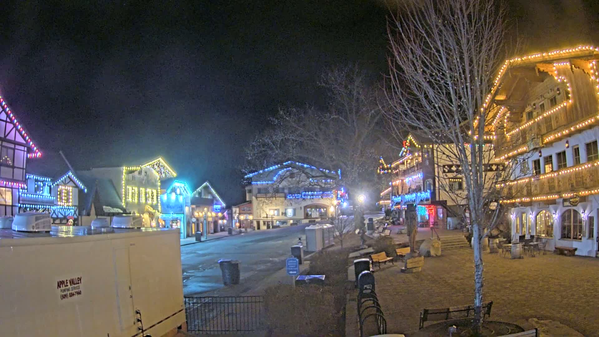A nighttime scene of a town square adorned with colorful Christmas lights on buildings, with bare trees and park benches visible in the foreground.
