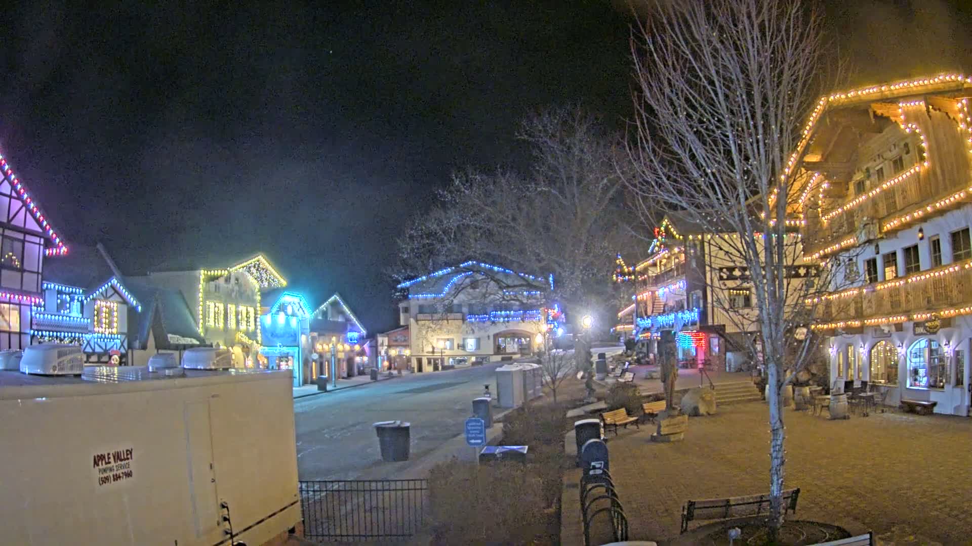 A nighttime scene of a town square decorated with colorful lights on buildings, bare trees, and park benches.