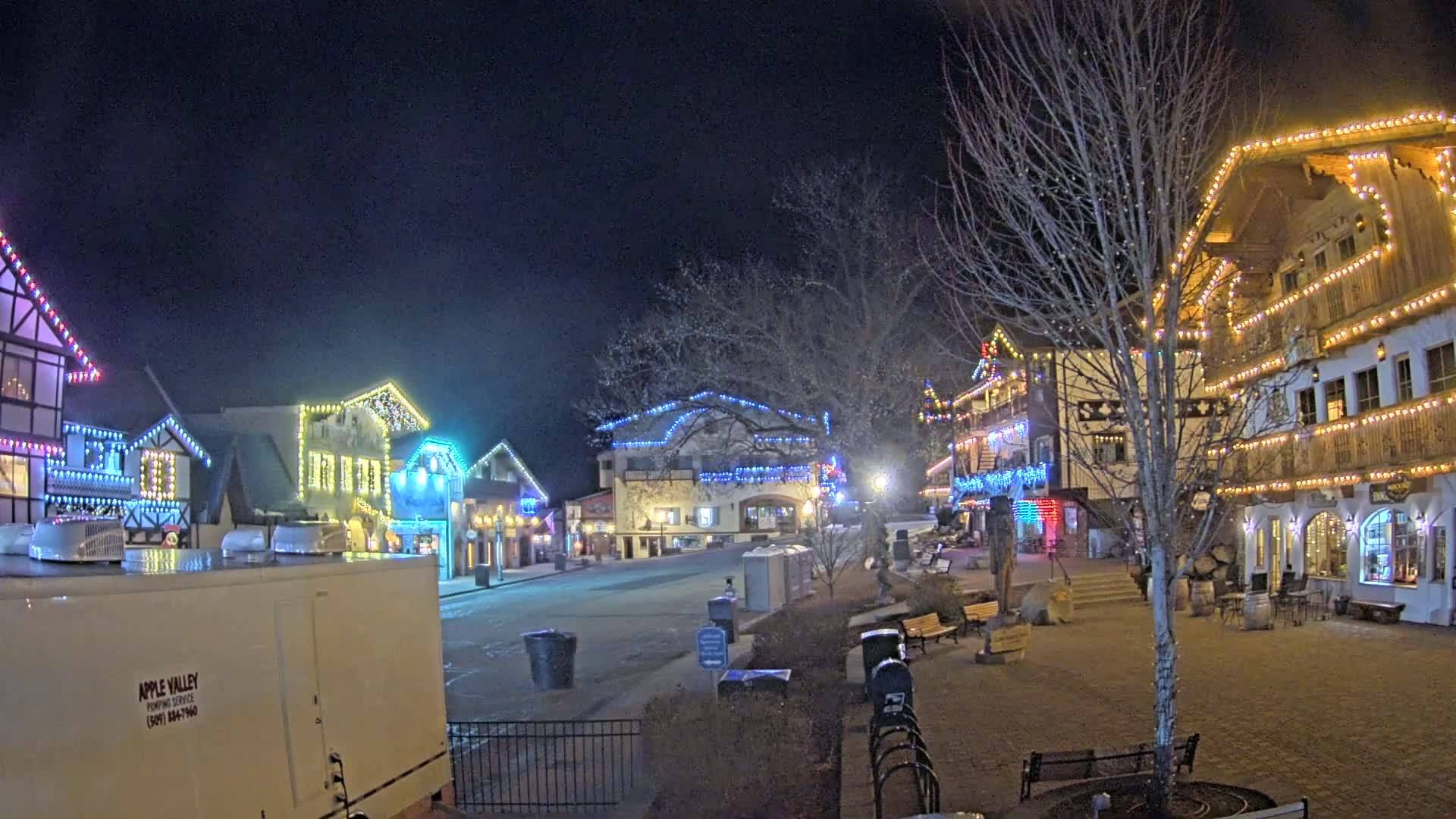 A nighttime view of a town square with several buildings decorated with colorful lights, bare trees, and empty benches.