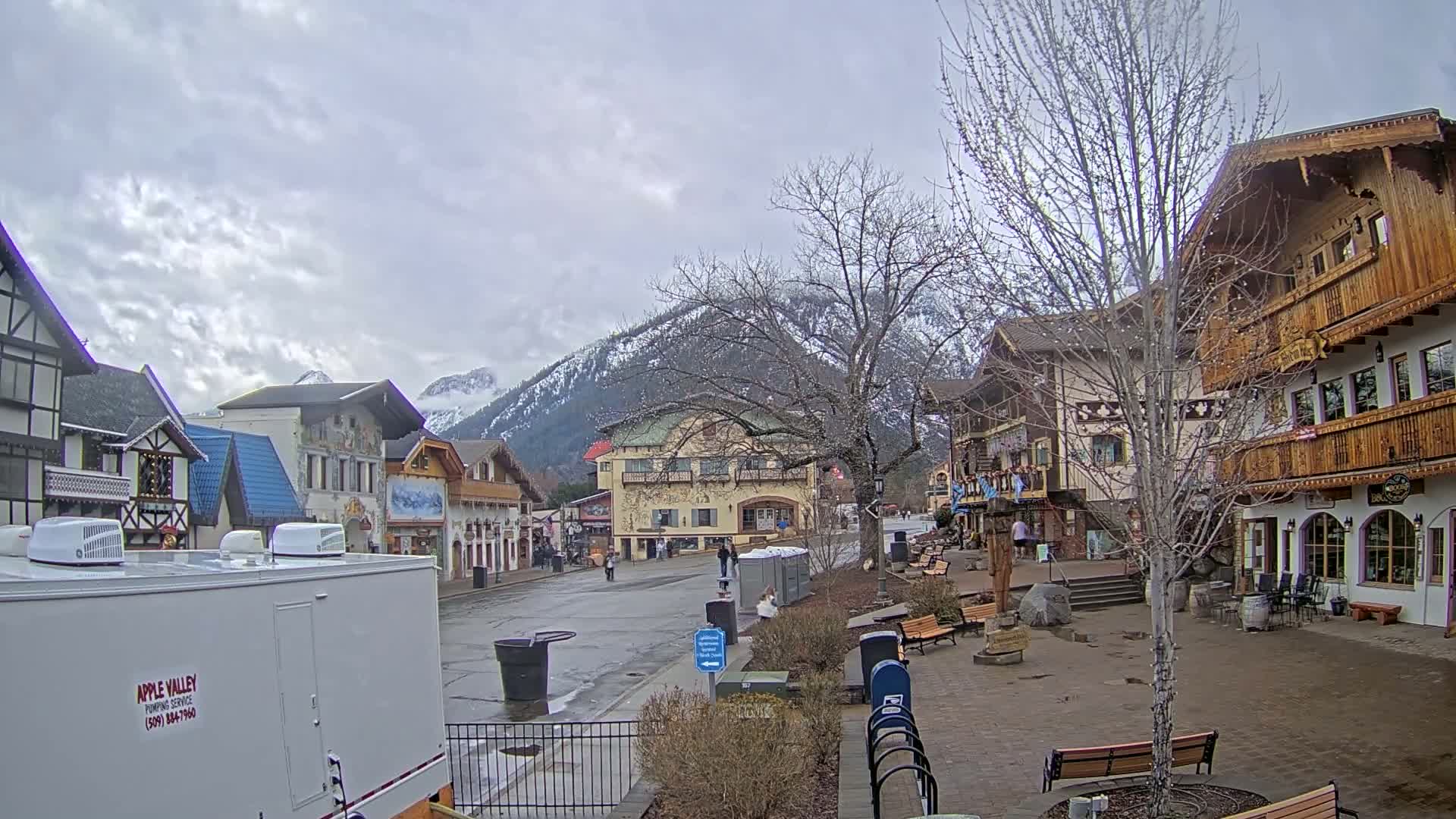 A town square with Bavarian-style buildings, a large tree, and snow-capped mountains in the background under a cloudy sky.
