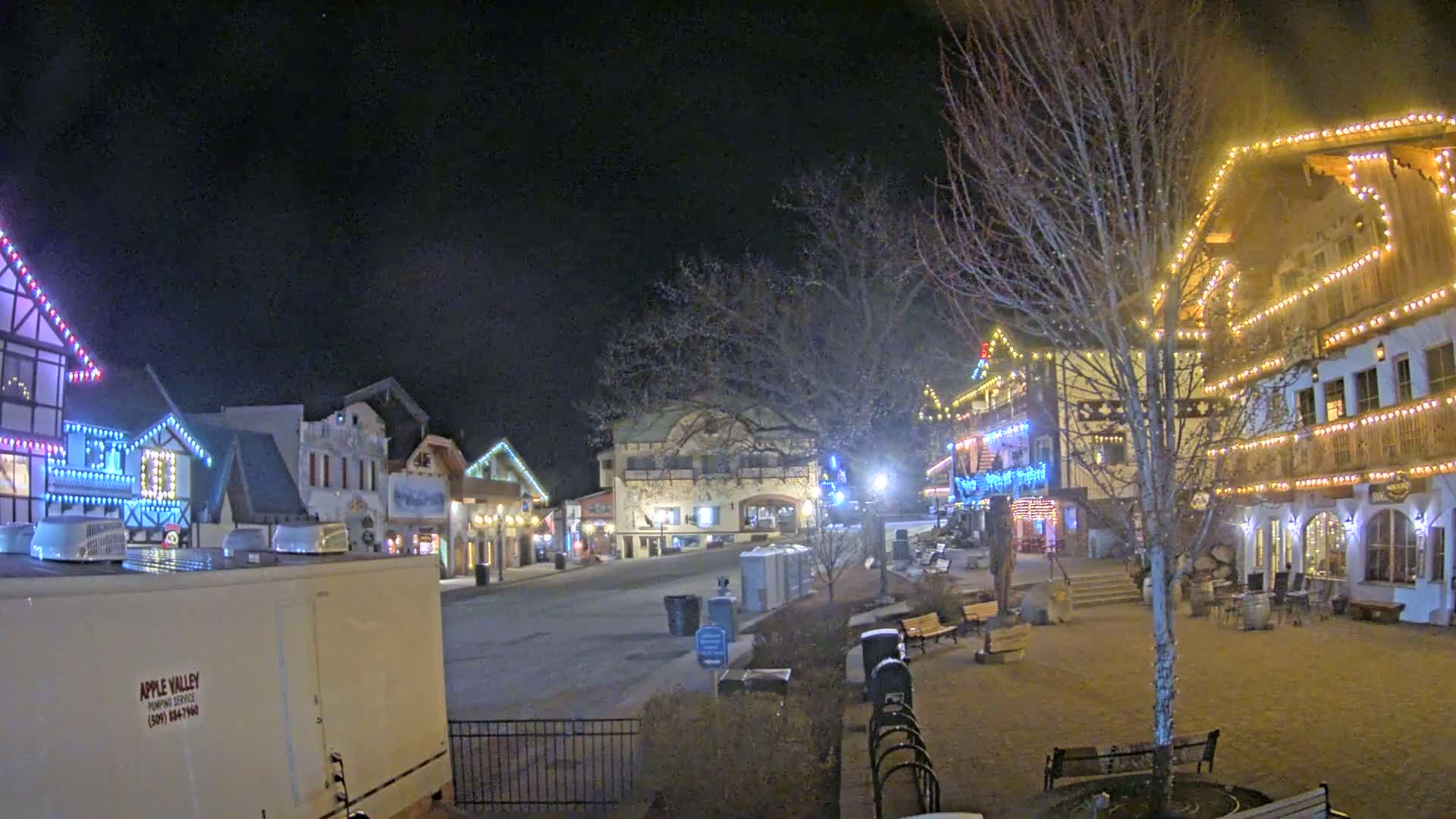 A nighttime scene of a village square with several buildings decorated with colorful lights, bare trees, and some park benches under a clear, dark sky.