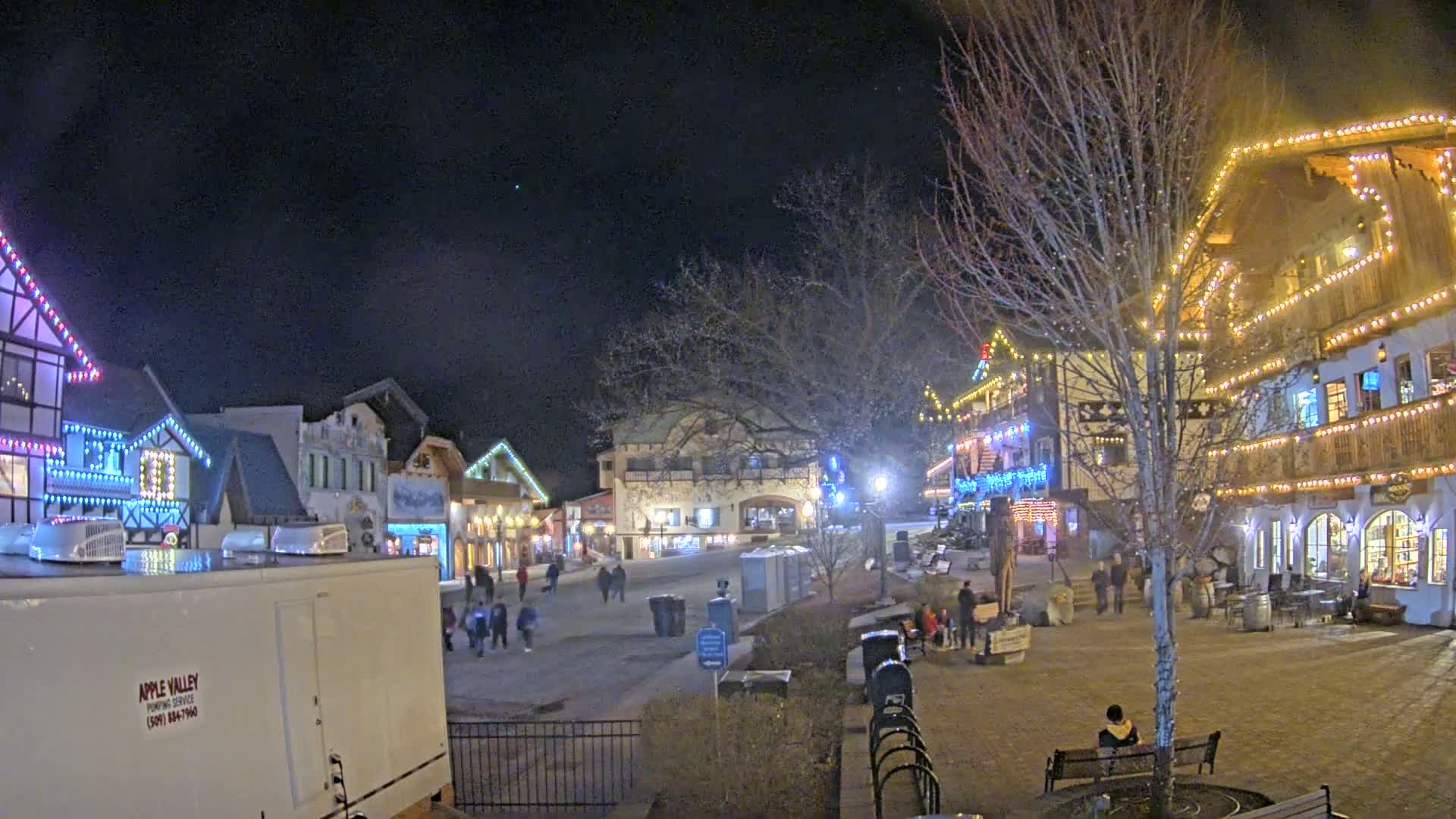 A nighttime scene of a village square with several buildings decorated with colorful lights, sparsely populated by pedestrians under a clear, dark sky.
