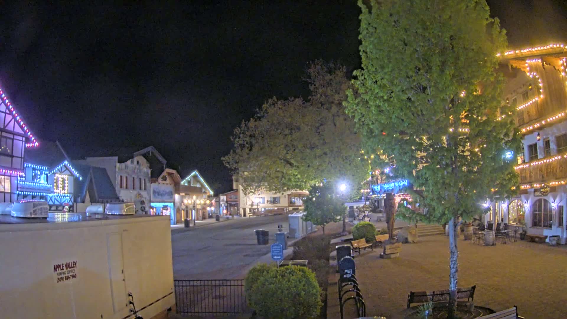 A nighttime view of a town square with several buildings decorated with string lights, and a large tree in the center.