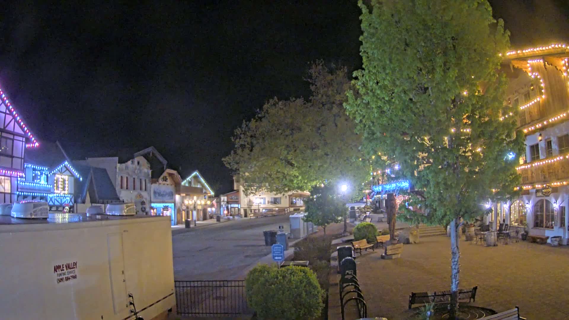 A nighttime scene of a town square with several buildings decorated with string lights, a large tree in the center, and benches.