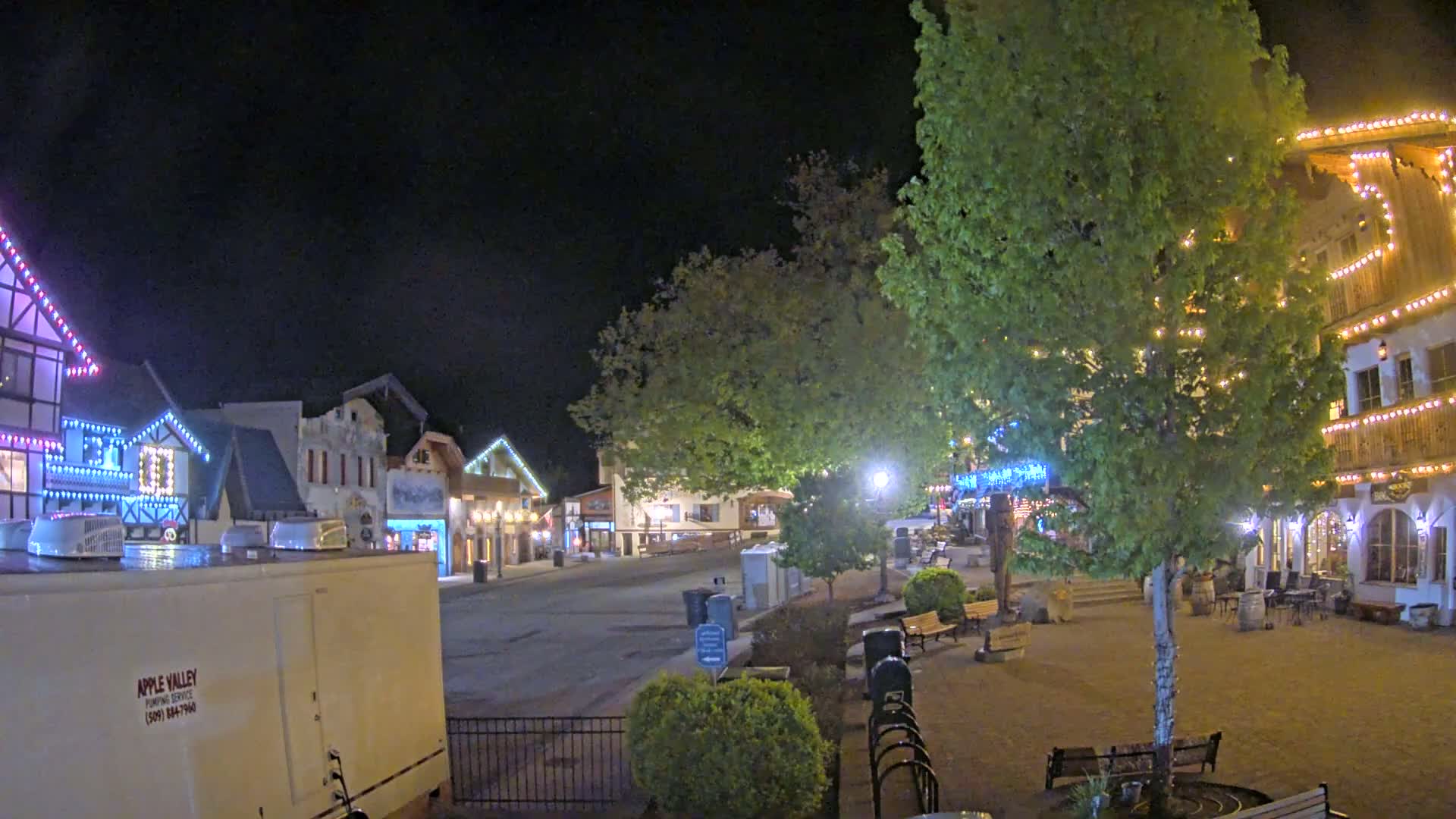 A nighttime view of a town square with buildings decorated with string lights, surrounded by trees and park benches under a clear, dark sky.