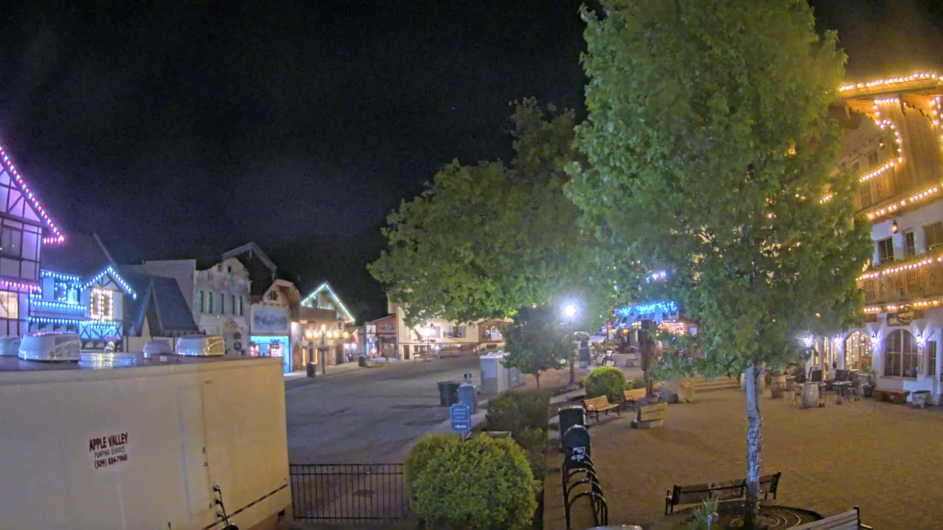 A nighttime view of a town square with several buildings decorated with string lights, surrounded by trees and park benches under a clear, dark sky.