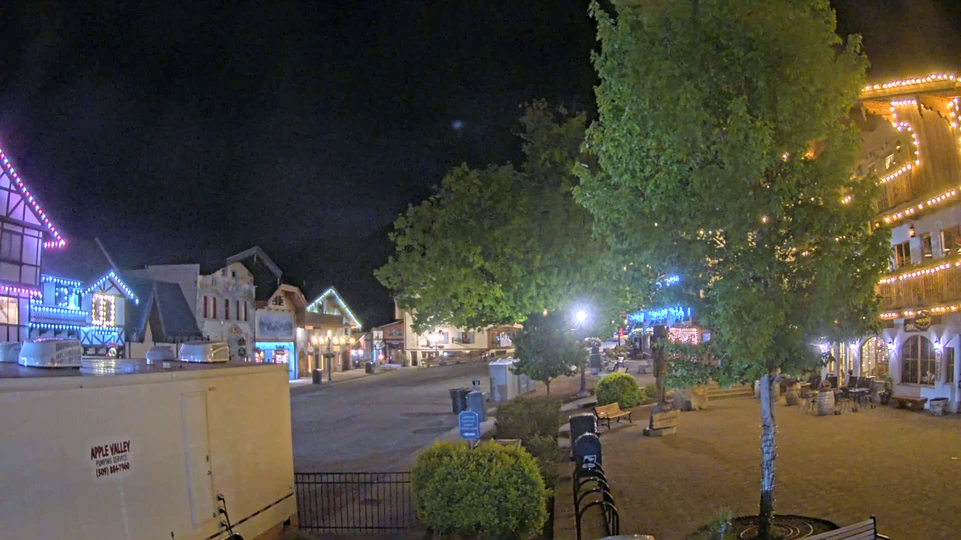 A nighttime view of a village square with several buildings decorated with string lights, trees, and park benches under a clear, dark sky.